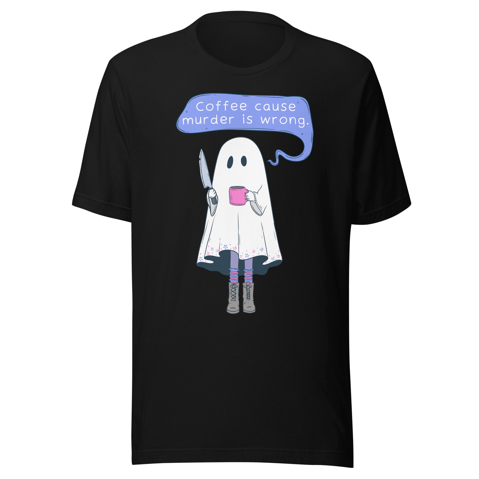 Coffee Cause Murder Is Wrong t-shirt featuring a ghost holding a knife and coffee cup, playful and quirky design.