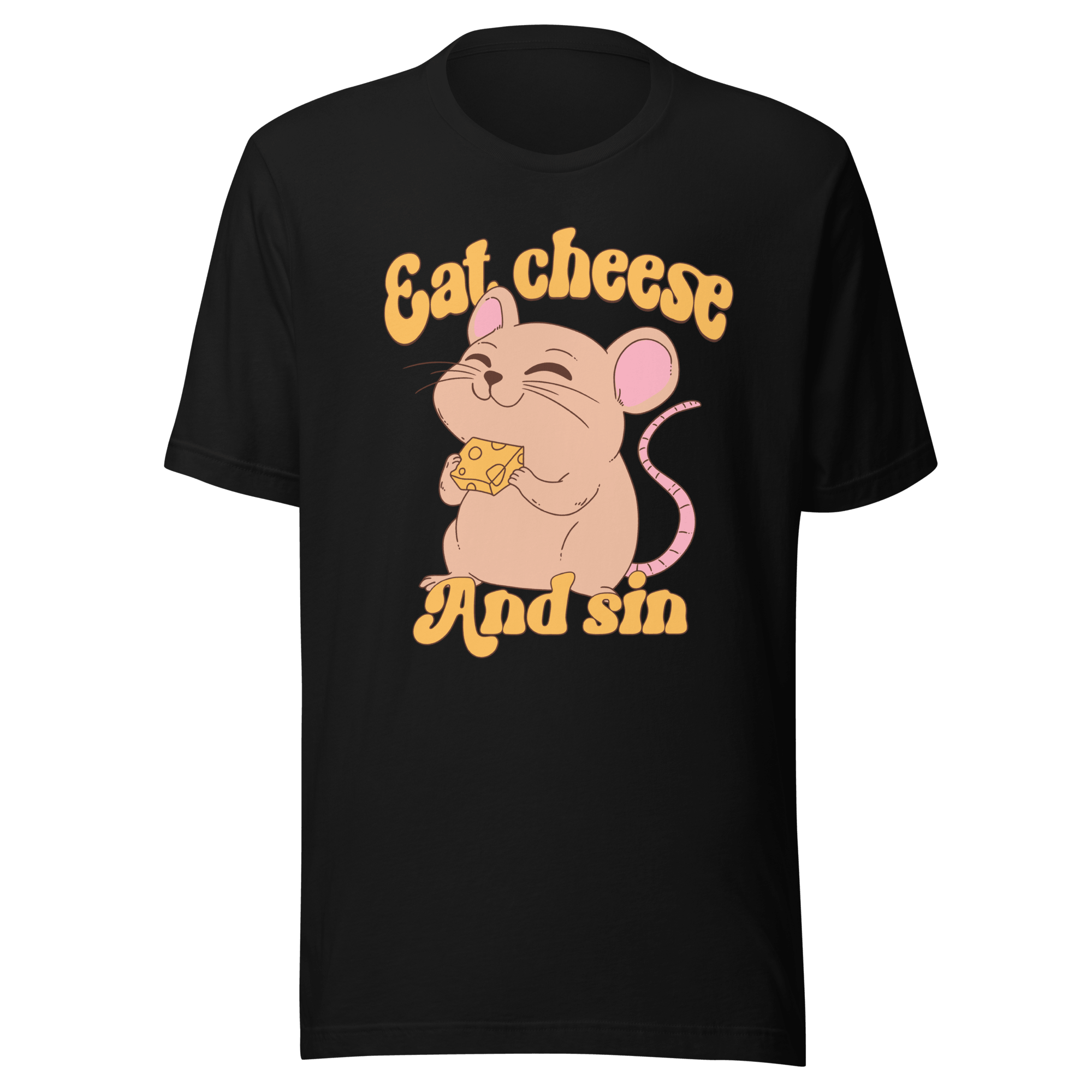 Eat Cheese and Sin Mouse t-shirt featuring a cute mouse enjoying cheese on a black background.