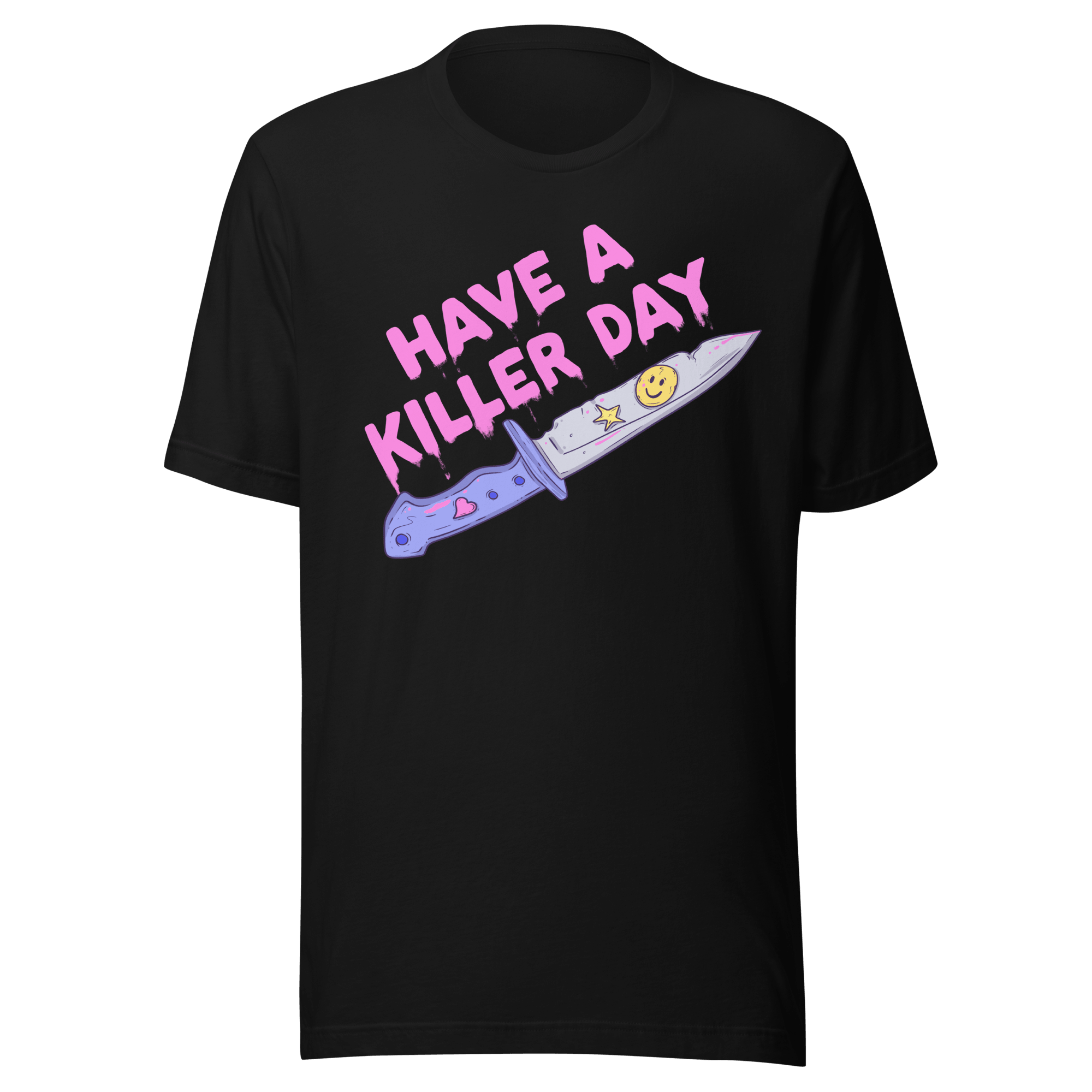 Have a Killer Day horror t-shirt featuring a pastel knife with hearts and a smiley face on a black tee.