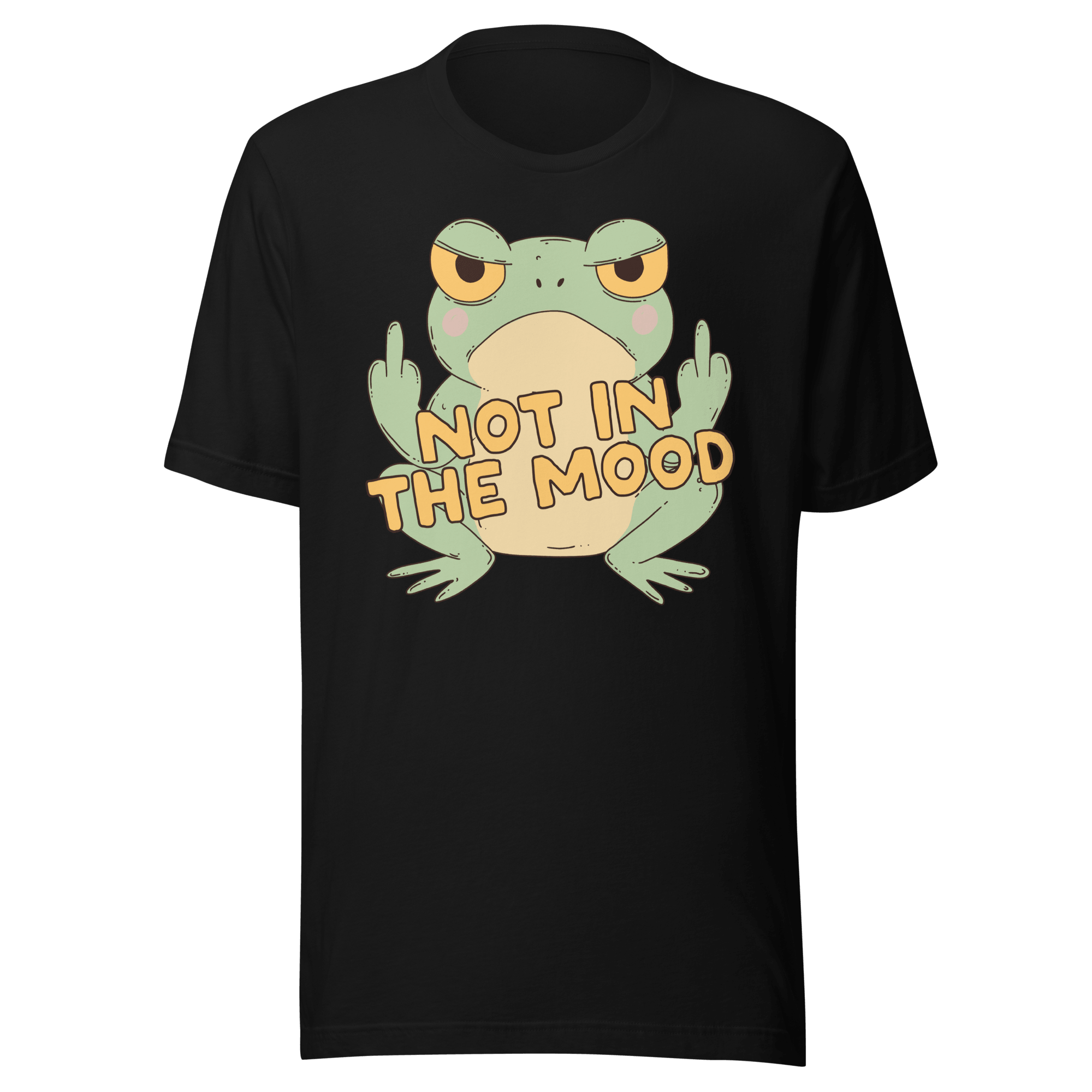 Not in the Mood Grumpy Frog t-shirt featuring unimpressed frog with double birds.
