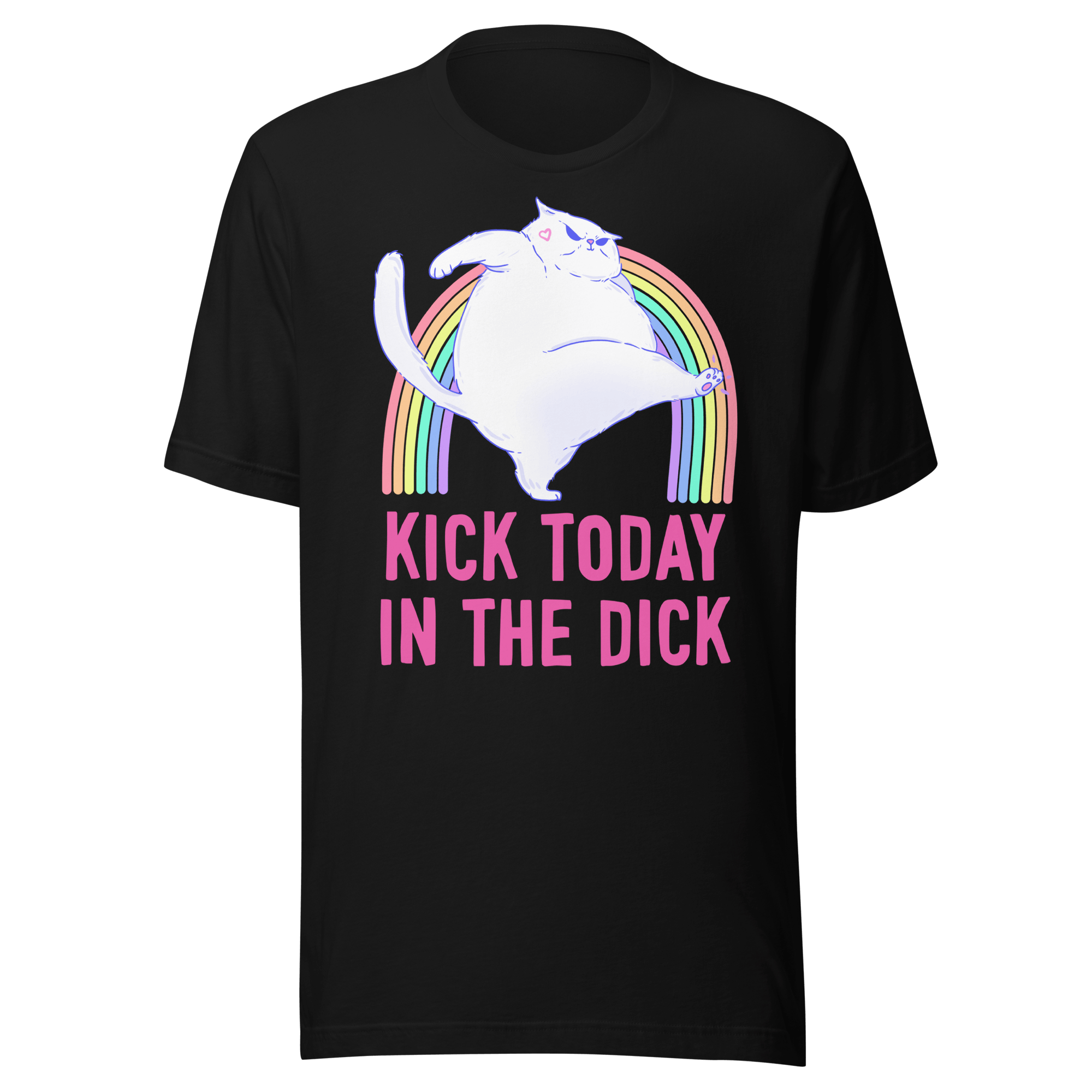 kick today in the dick t-shirt featuring a chonky cat leaping over a rainbow on a black background.