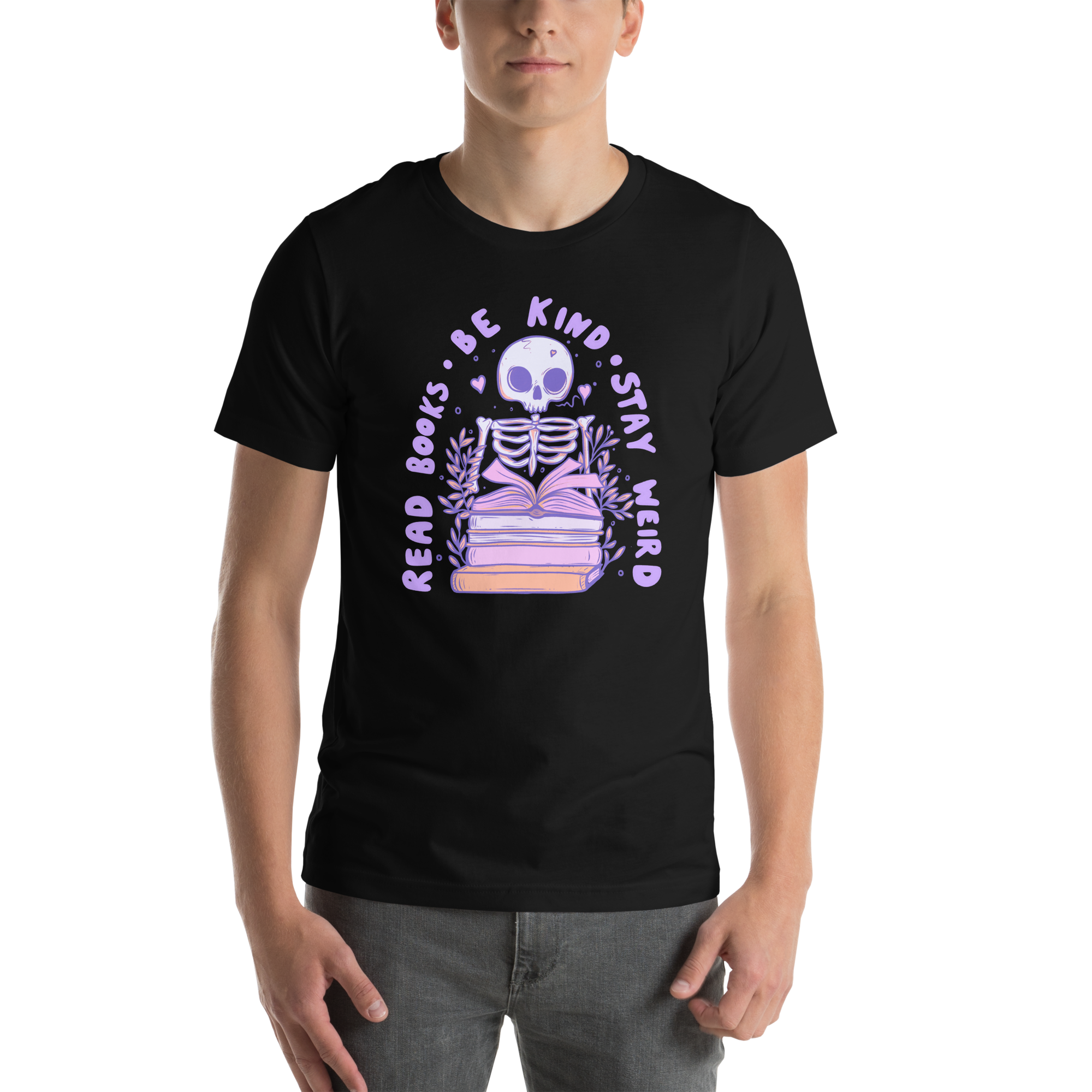 Bookish T-Shirt featuring a pastel skeleton with books and text "Read Books Be Kind Stay Weird".