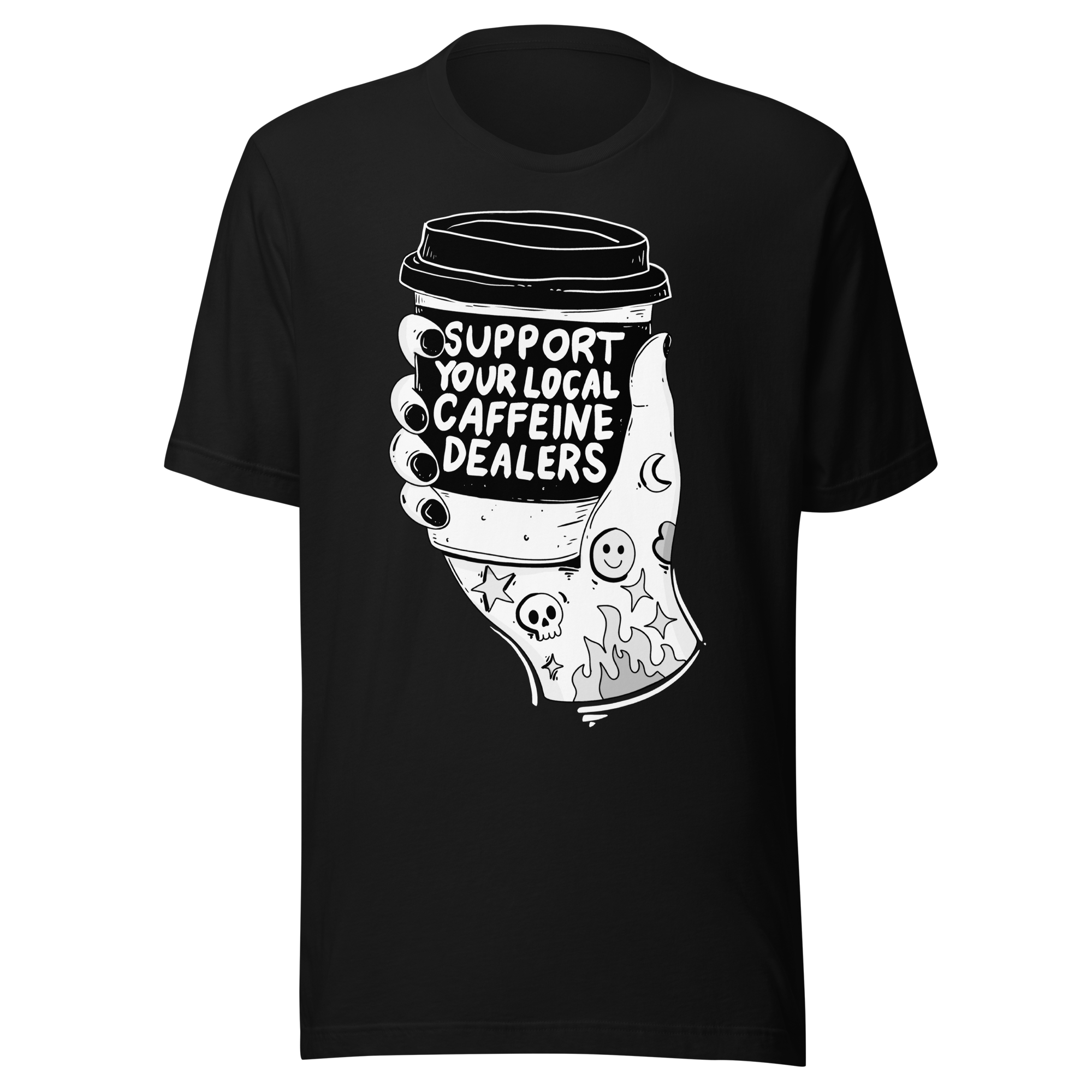 Funny coffee t-shirt featuring a tattooed hand holding a takeaway cup with the text 'Support Your Local Caffeine Dealers'.