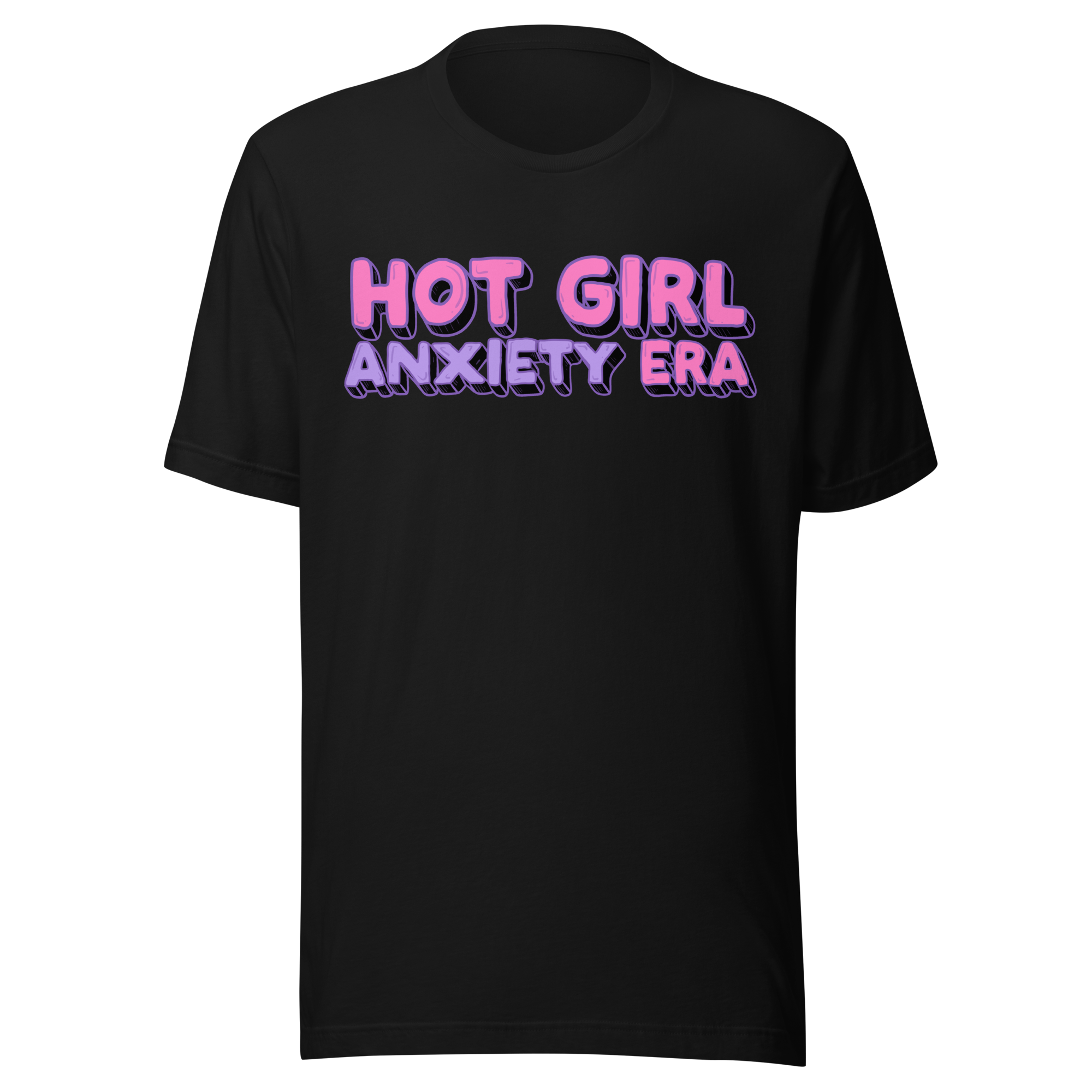 Hot Girl Anxiety Era t-shirt featuring bold pink text on a black background, ideal for stylish meme lovers.
