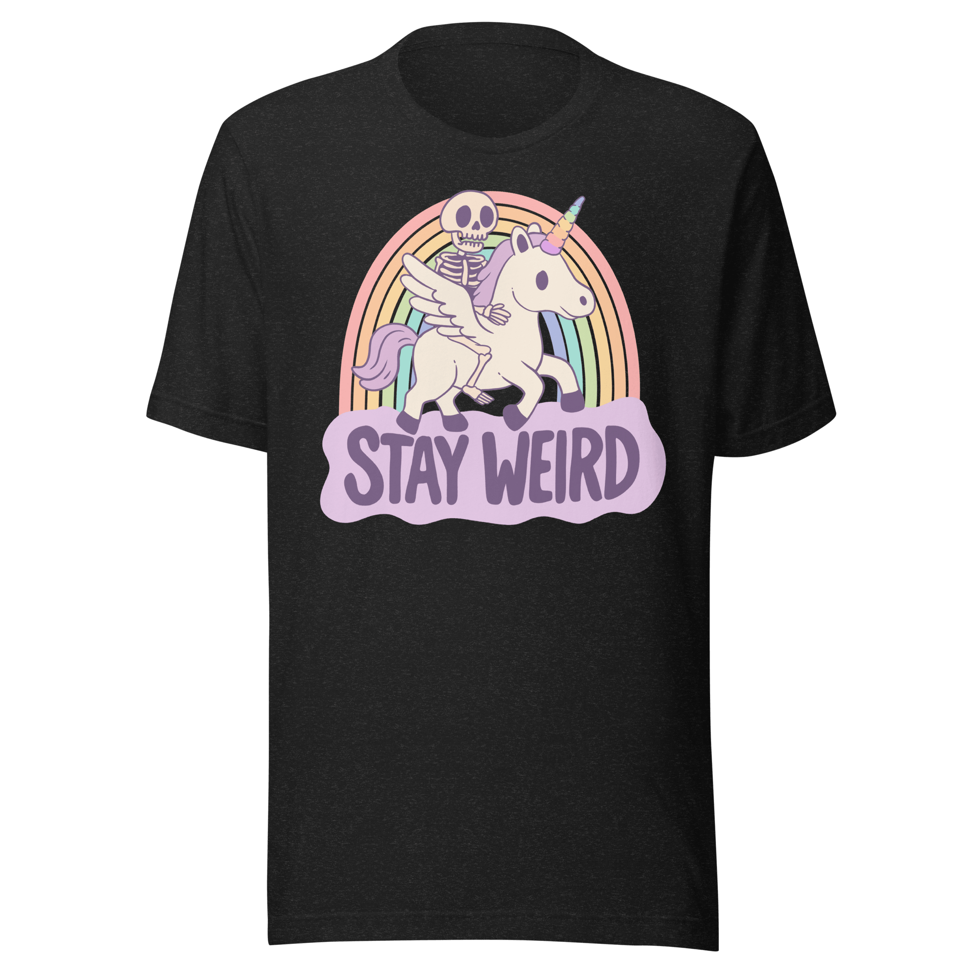 Stay weird unicorn t-shirt featuring a skeleton riding a unicorn over a rainbow on a black background.