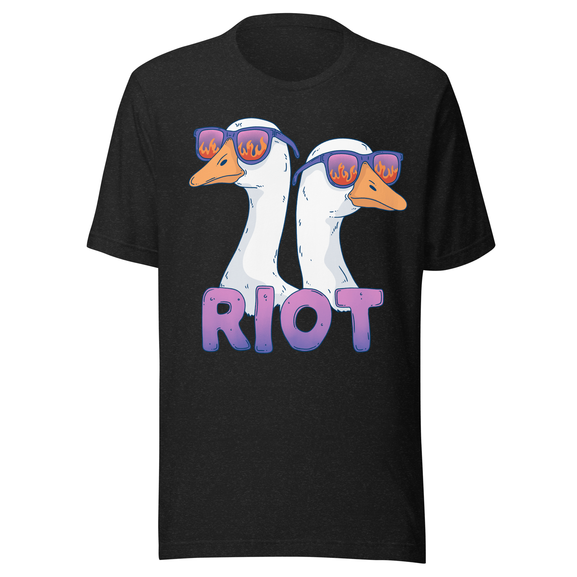 Riot Geese t-shirt featuring two geese in flame sunglasses with the word RIOT on a black tee.