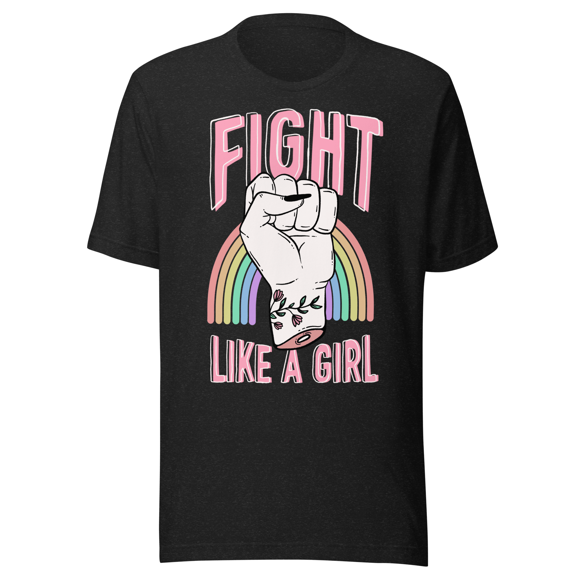 Fight Like a Girl feminist t-shirt featuring a tattooed fist and pastel rainbow design.