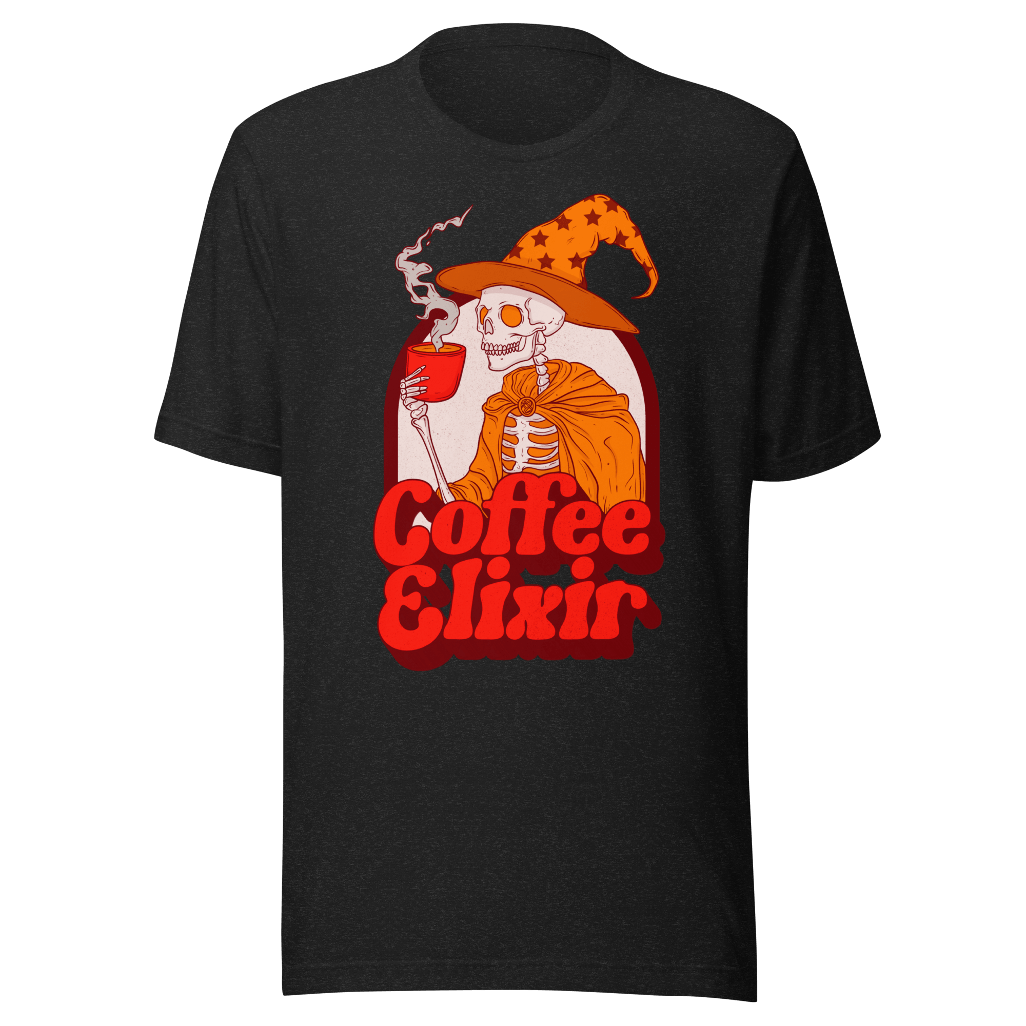 Coffee Elixir Skeleton t-shirt featuring a skeleton in a witch hat holding a coffee cup.