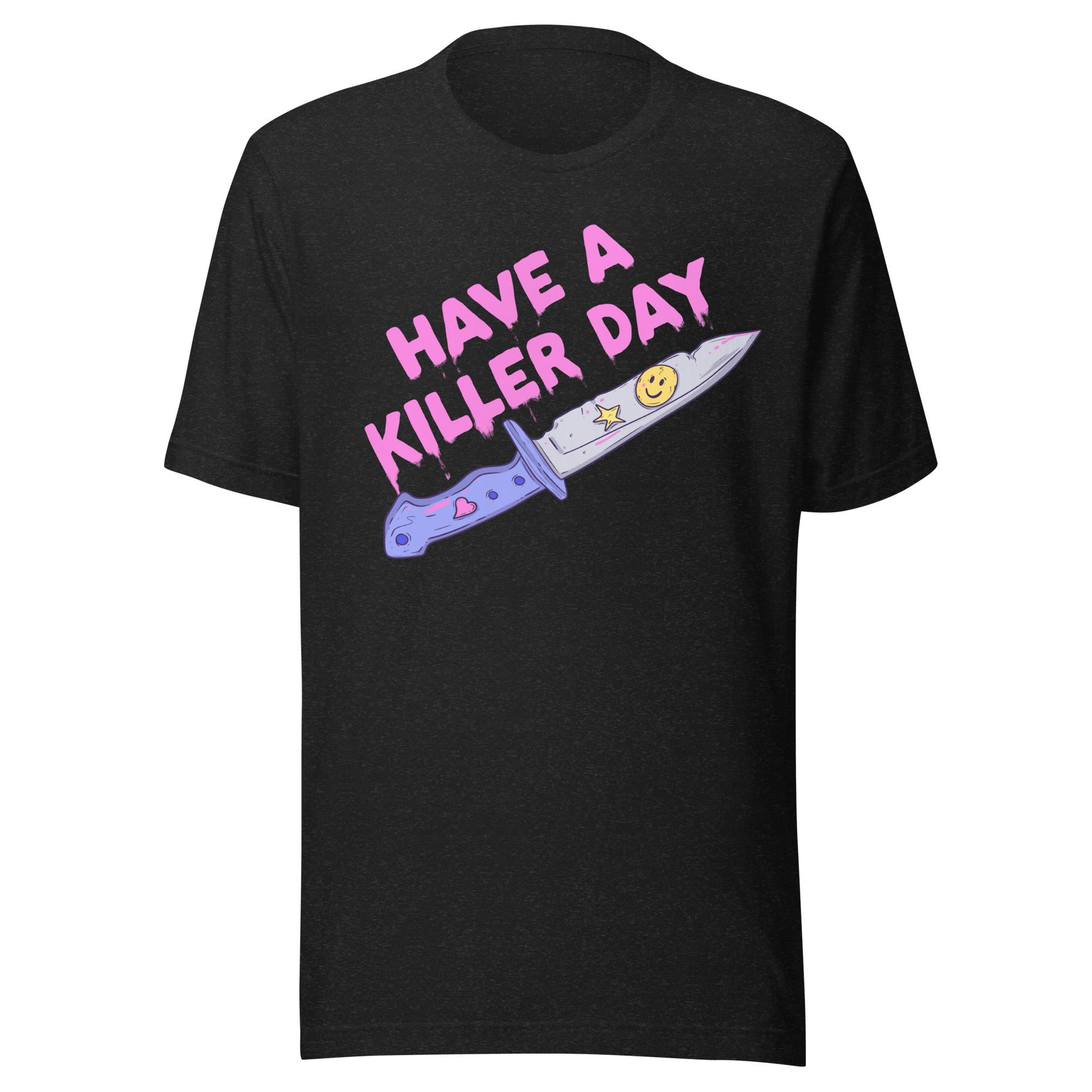Have a Killer Day horror t-shirt featuring a pastel knife with hearts and a smiley face on a black tee.