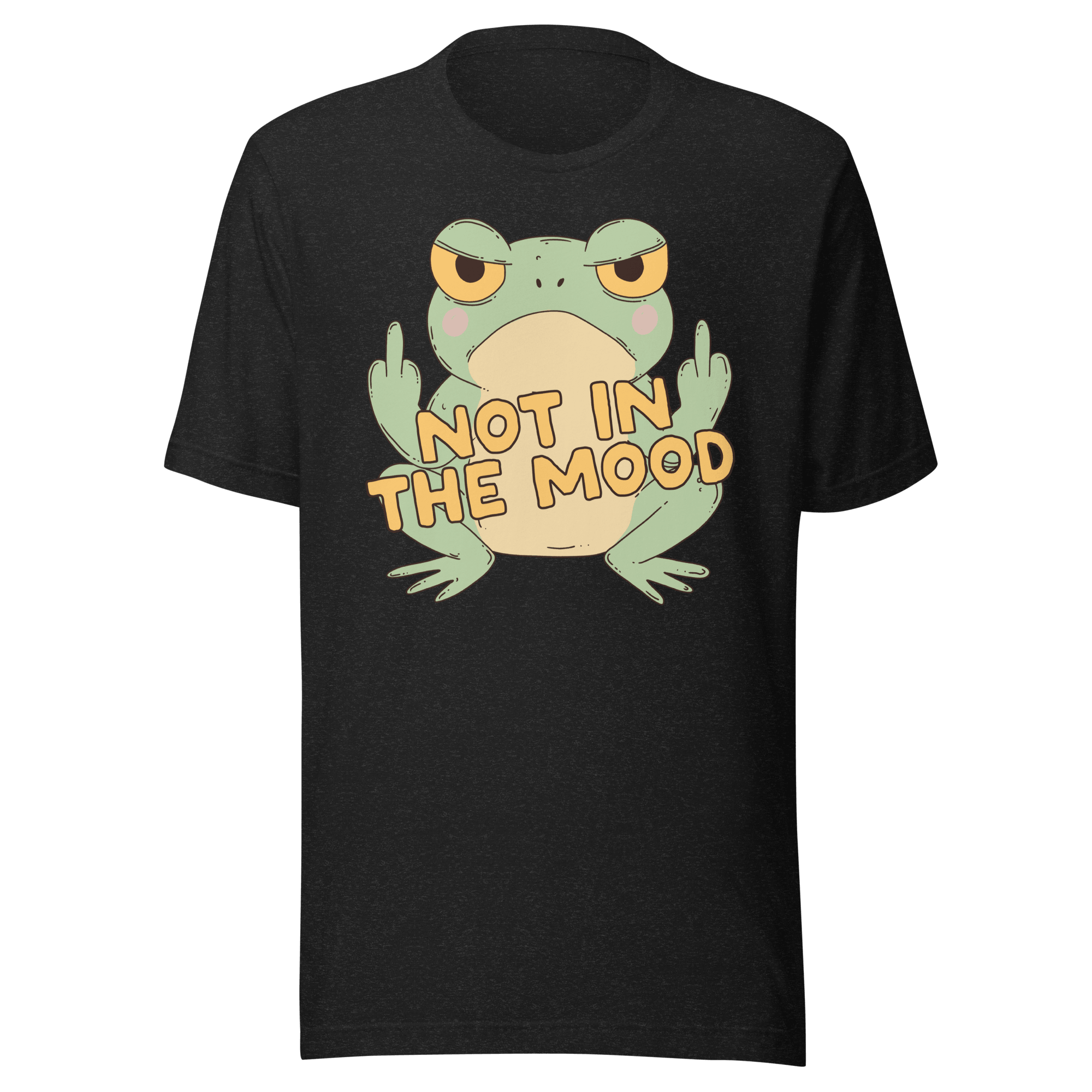 Not in the Mood Grumpy Frog t-shirt featuring an unimpressed frog with text saying 'NOT IN THE MOOD'.