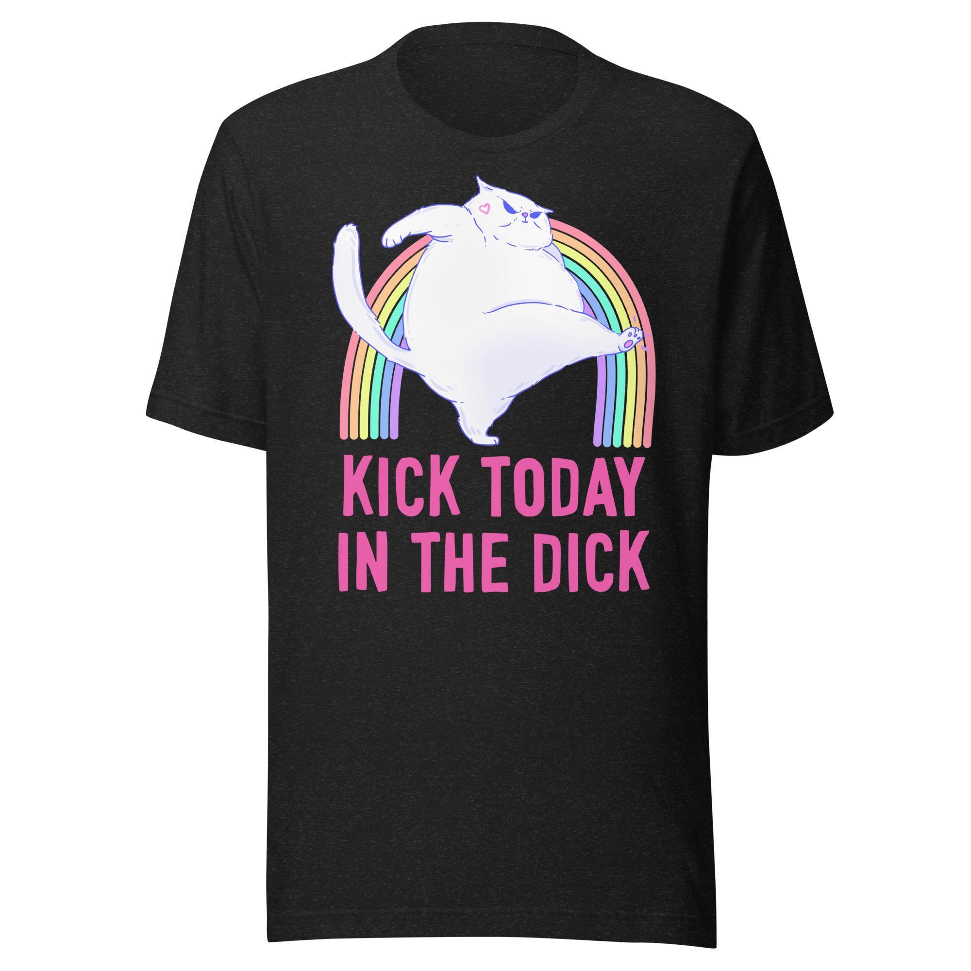 kick today in the dick t-shirt featuring a chonky cat jumping off a rainbow.