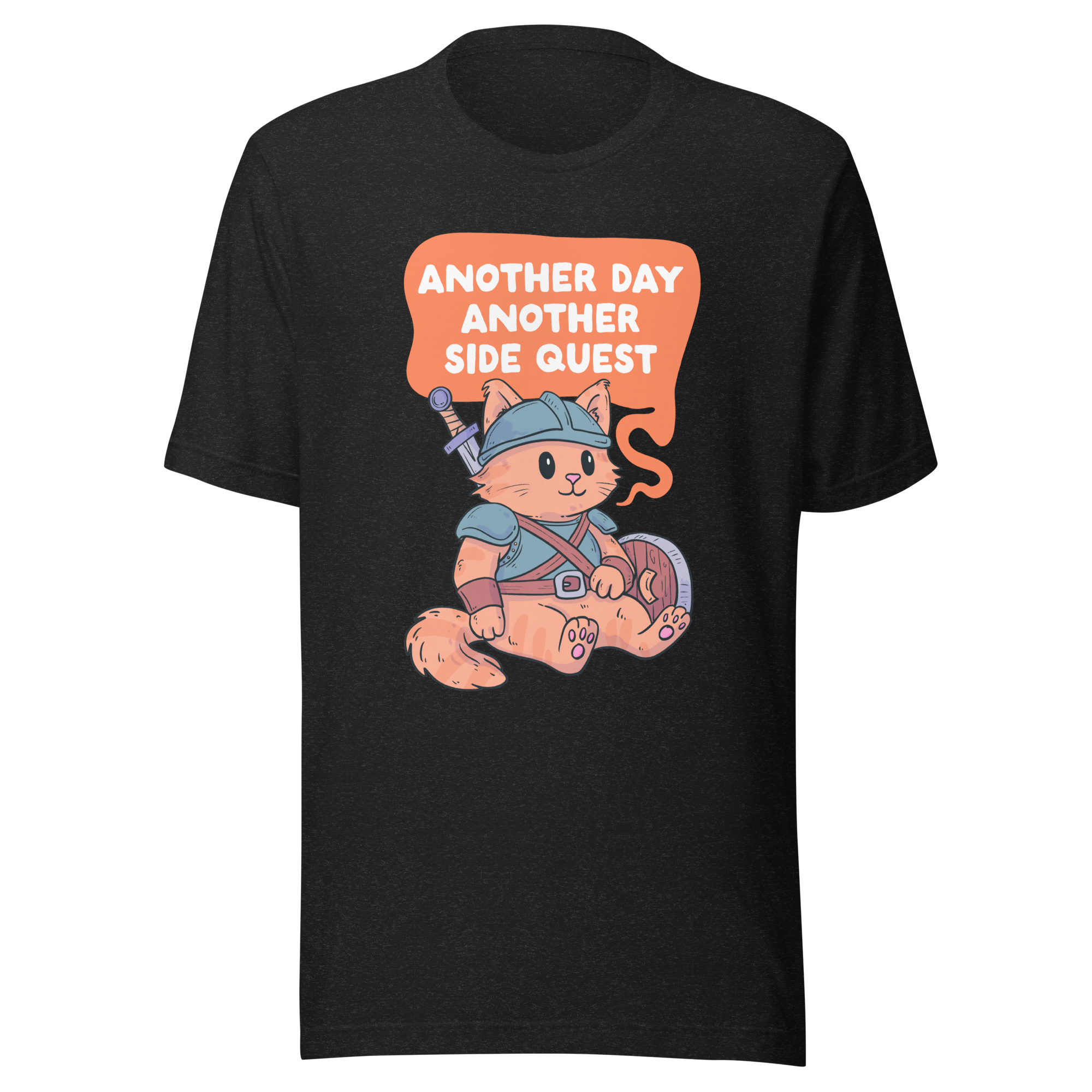 Another Day Another Side Quest t-shirt featuring an armored cat warrior, perfect for gaming t-shirts for gamers.