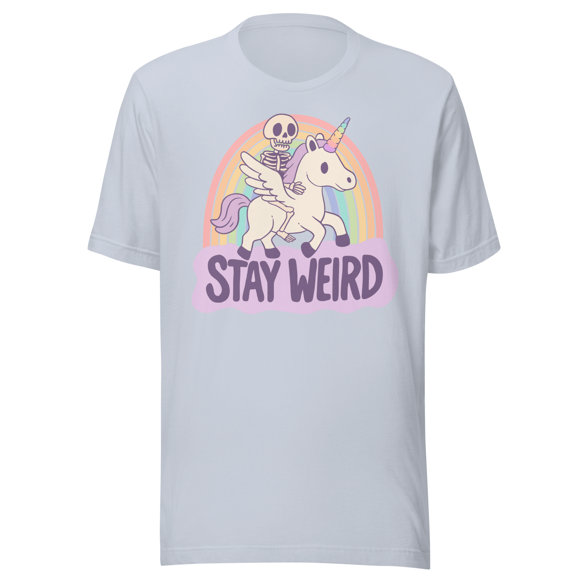 Stay weird unicorn t-shirt featuring a skeleton riding a unicorn over a rainbow.