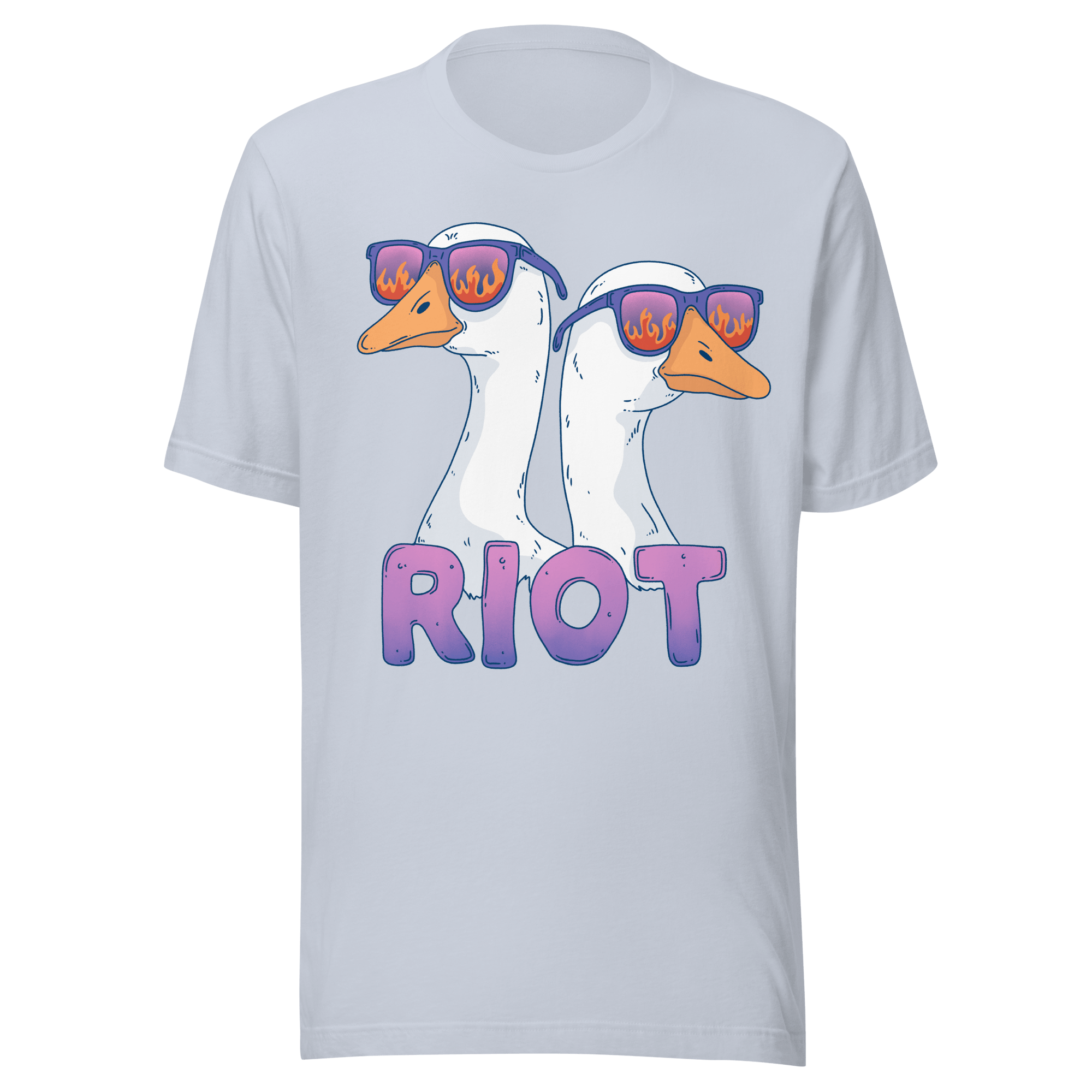 Riot Geese t-shirt featuring two geese in flame sunglasses with a playful riot design.