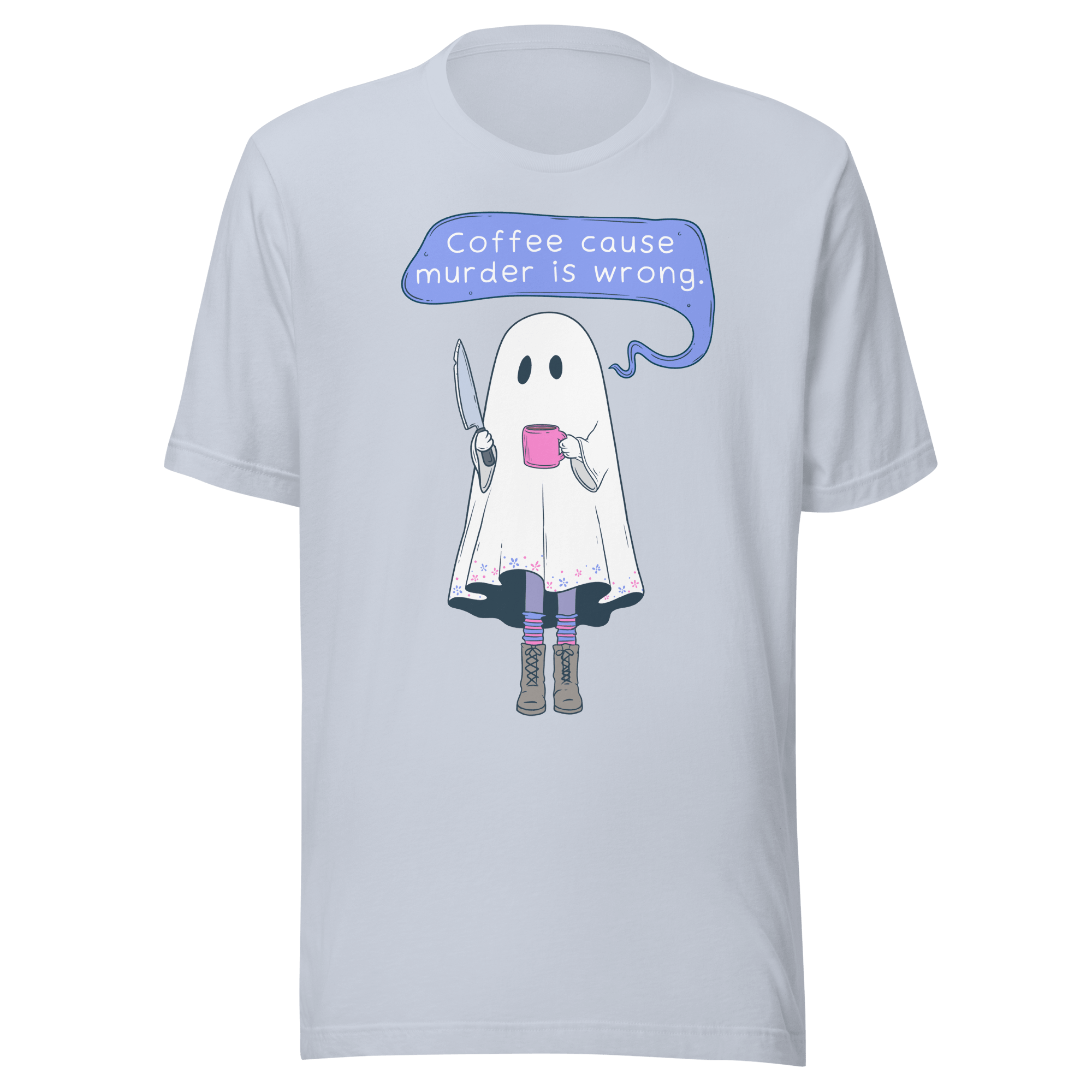 Coffee Cause Murder Is Wrong t-shirt featuring a ghost holding a knife and coffee cup with text.