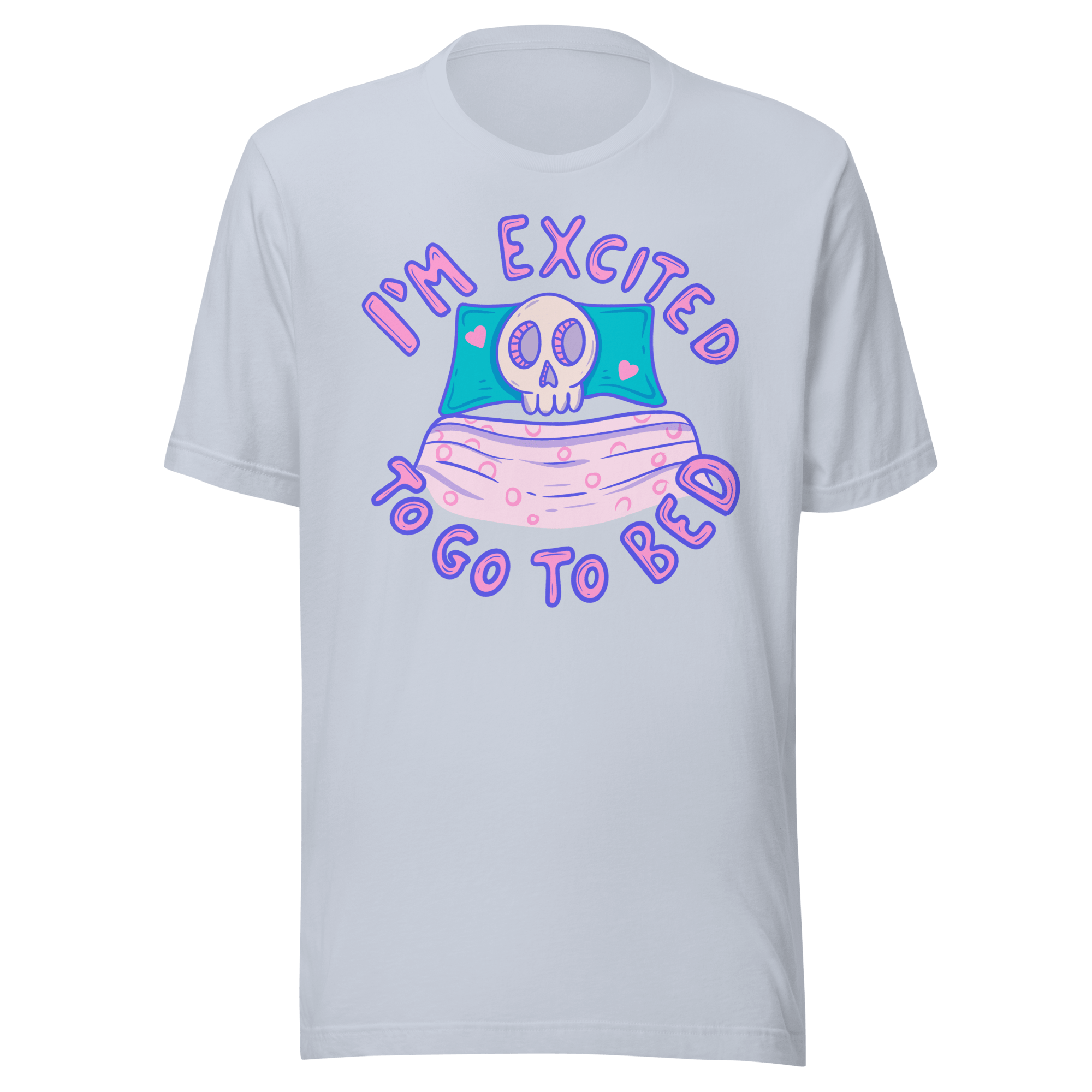 Excited to go to bed t-shirt featuring a cozy skull in bed with hearts.