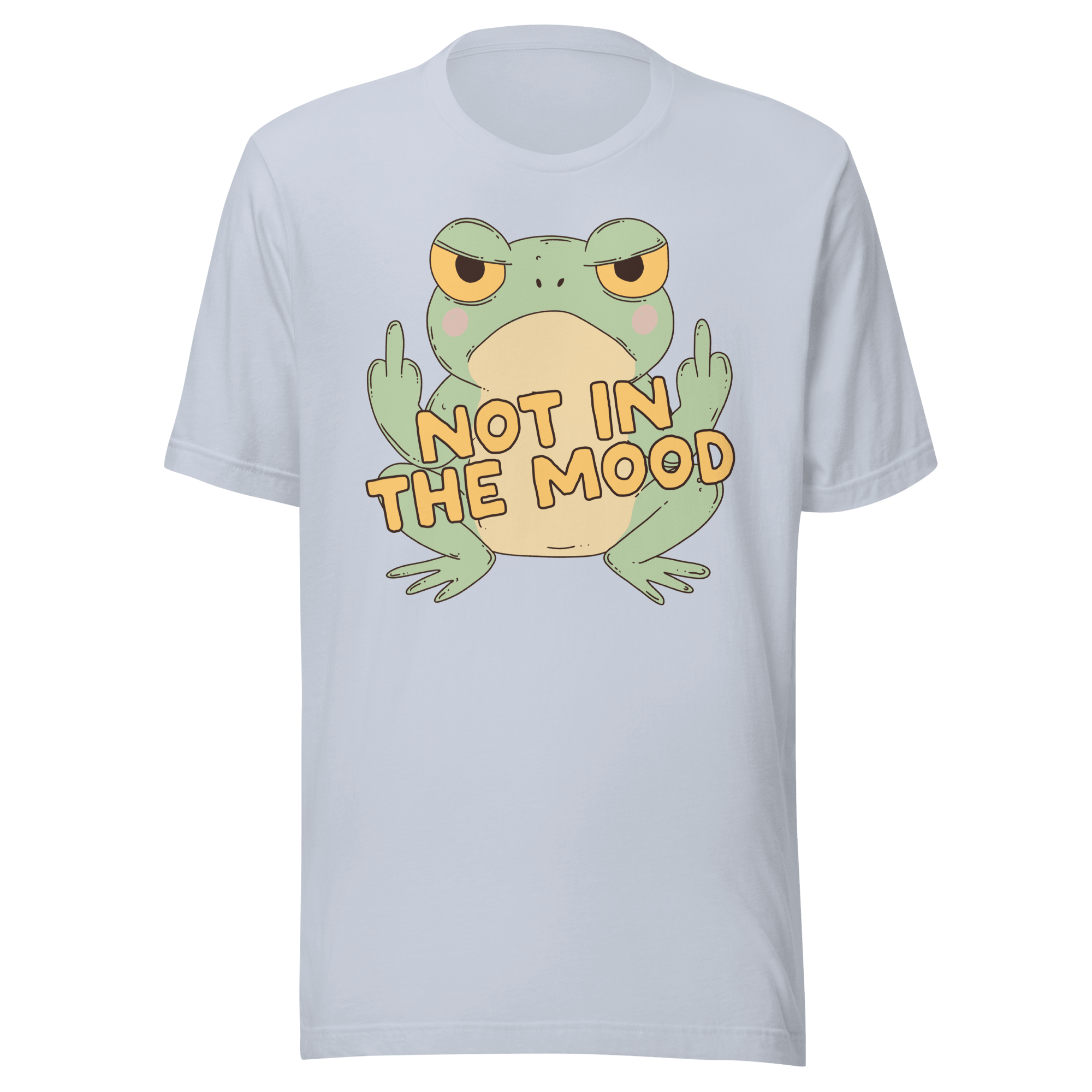 Not in the Mood Grumpy Frog t-shirt with a cartoon frog showing a grumpy expression and flipping peace signs.