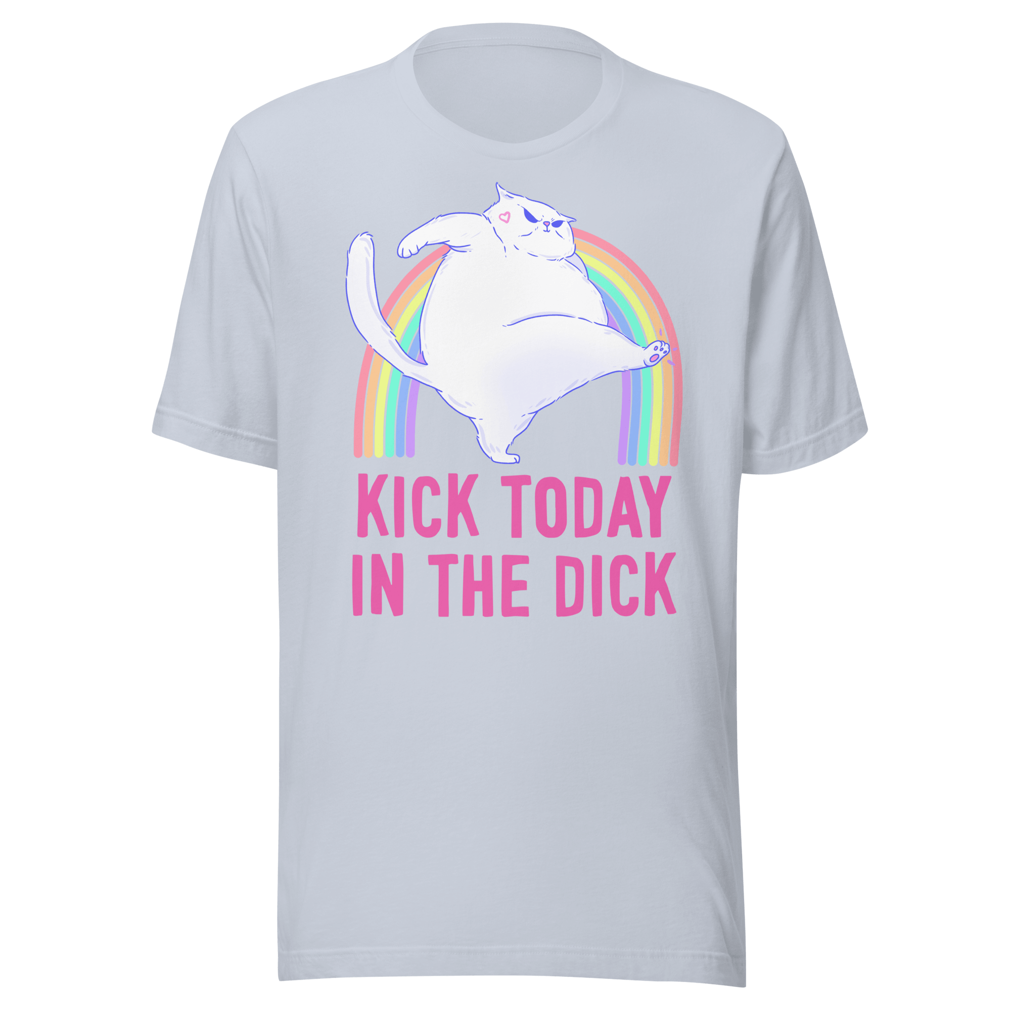 Kick Today In The Dick t-shirt featuring a chonky cat jumping off a rainbow.