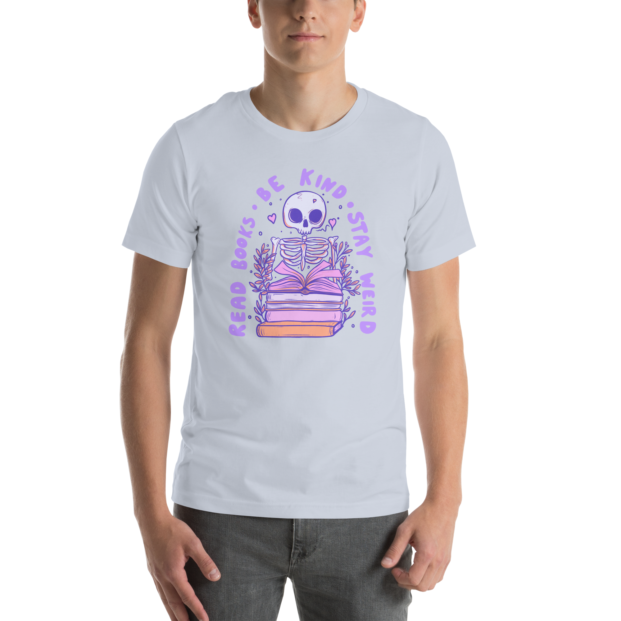 Bookish T-Shirt featuring pastel skeleton illustration and the text 'Read Books Be Kind Stay Weird'.