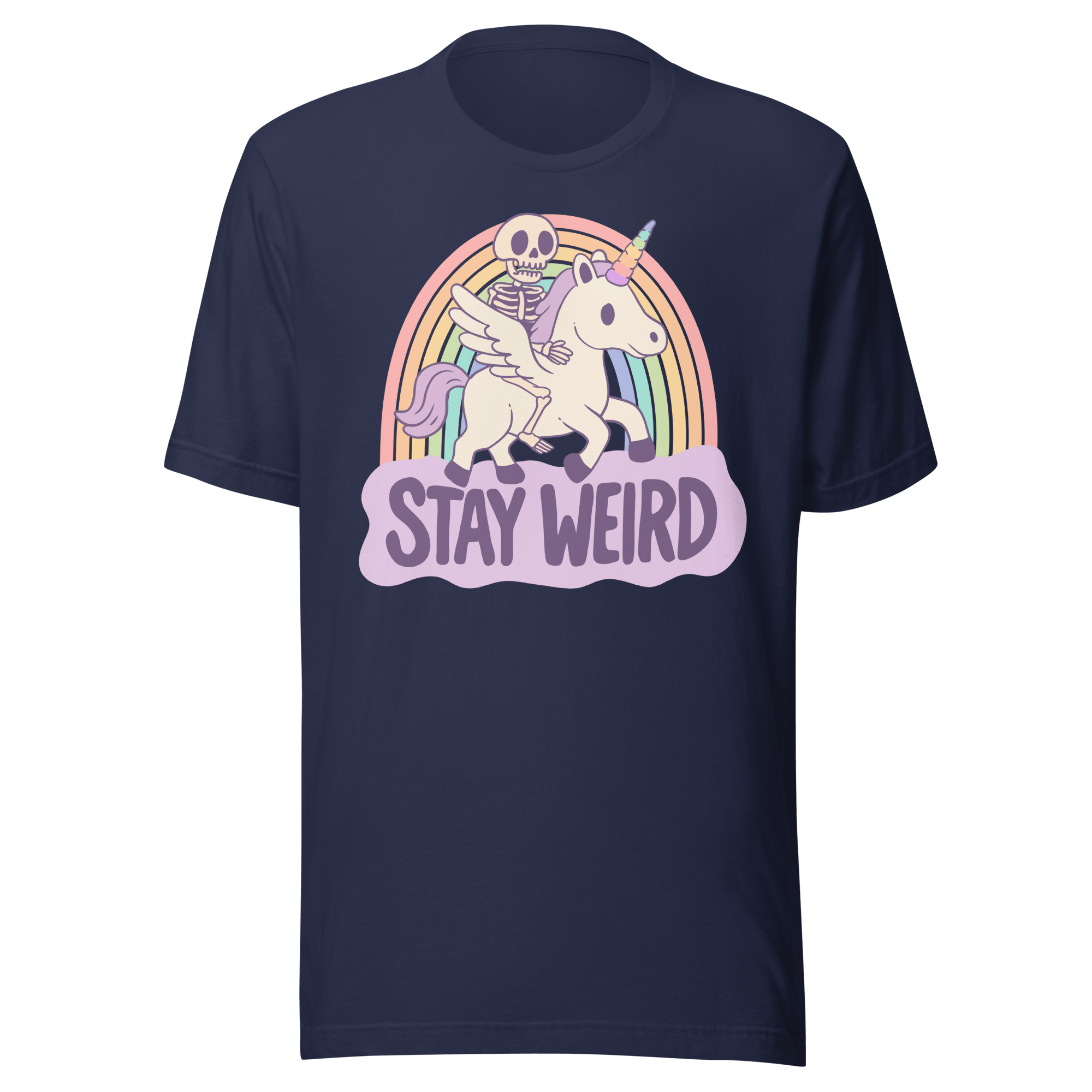 Stay weird unicorn t-shirt featuring a skeleton riding a unicorn over a rainbow design.