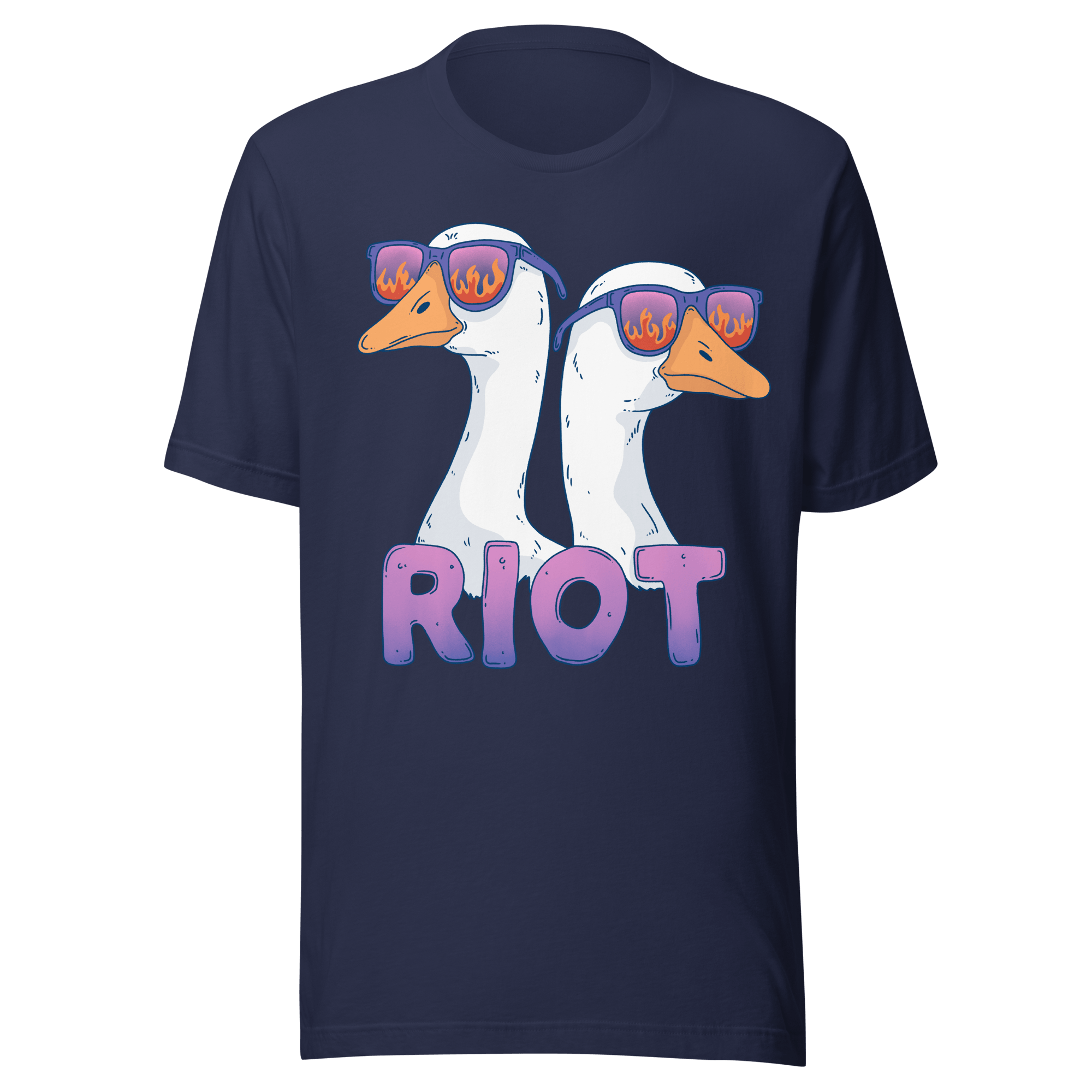 Riot Geese t-shirt featuring two geese in sunglasses with the word RIOT in bold letters.