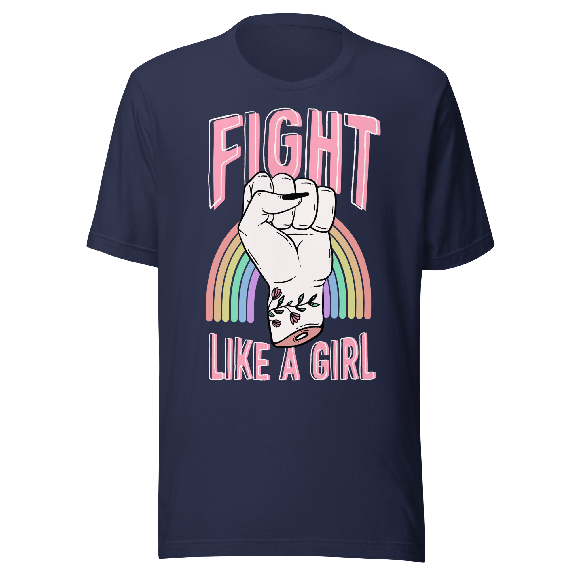 Fight Like a Girl feminist t-shirt featuring a raised fist and rainbow design.