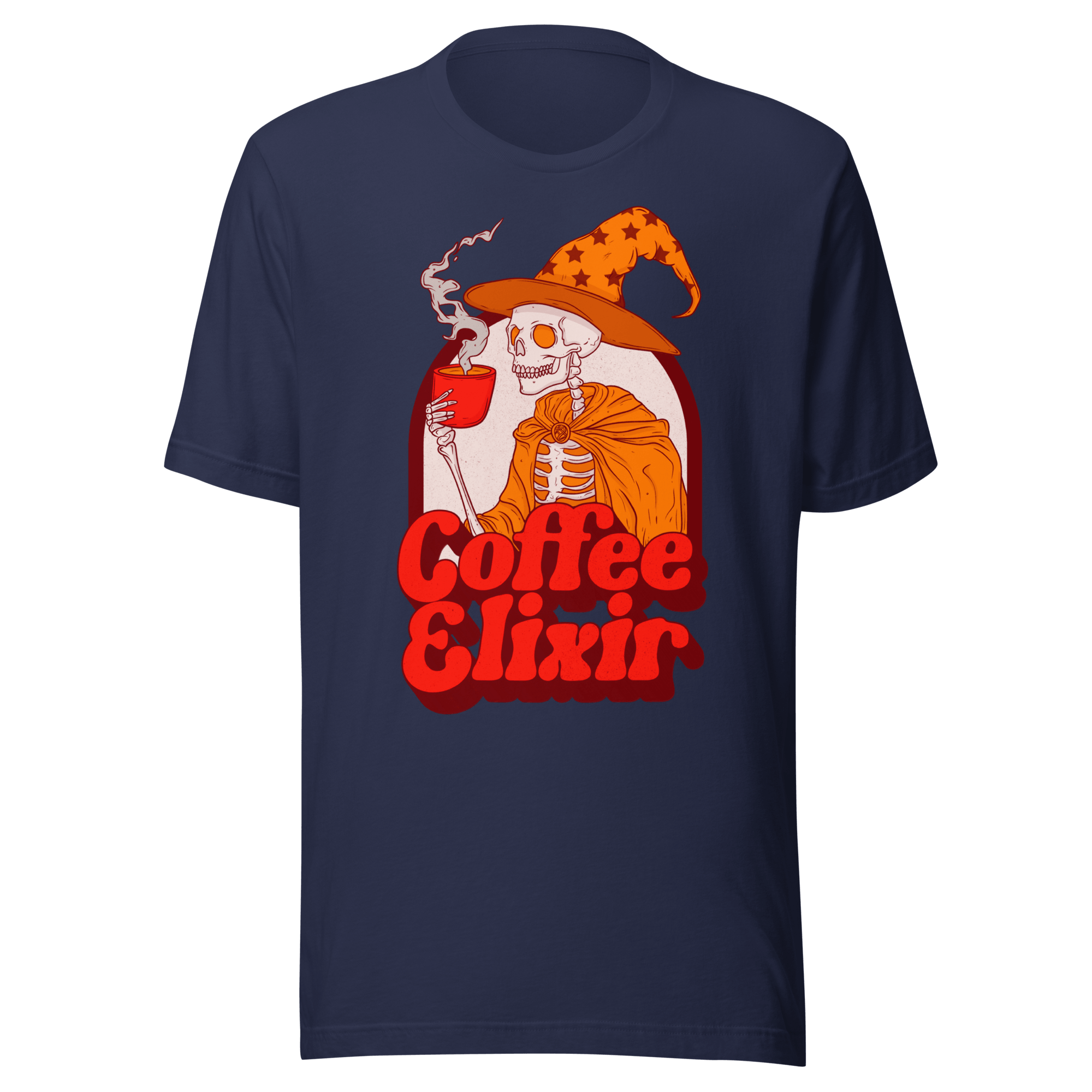 Coffee Elixir Skeleton t-shirt featuring a skeleton witch holding a coffee cup in a starry hat.