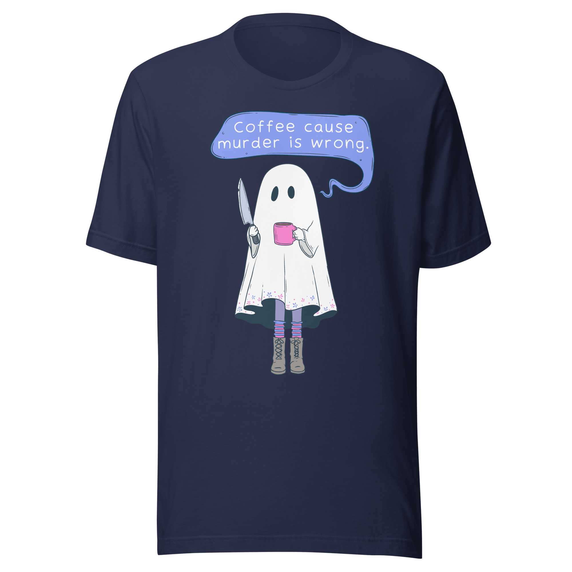 Coffee Cause Murder Is Wrong t-shirt featuring a ghost with a knife and coffee cup.