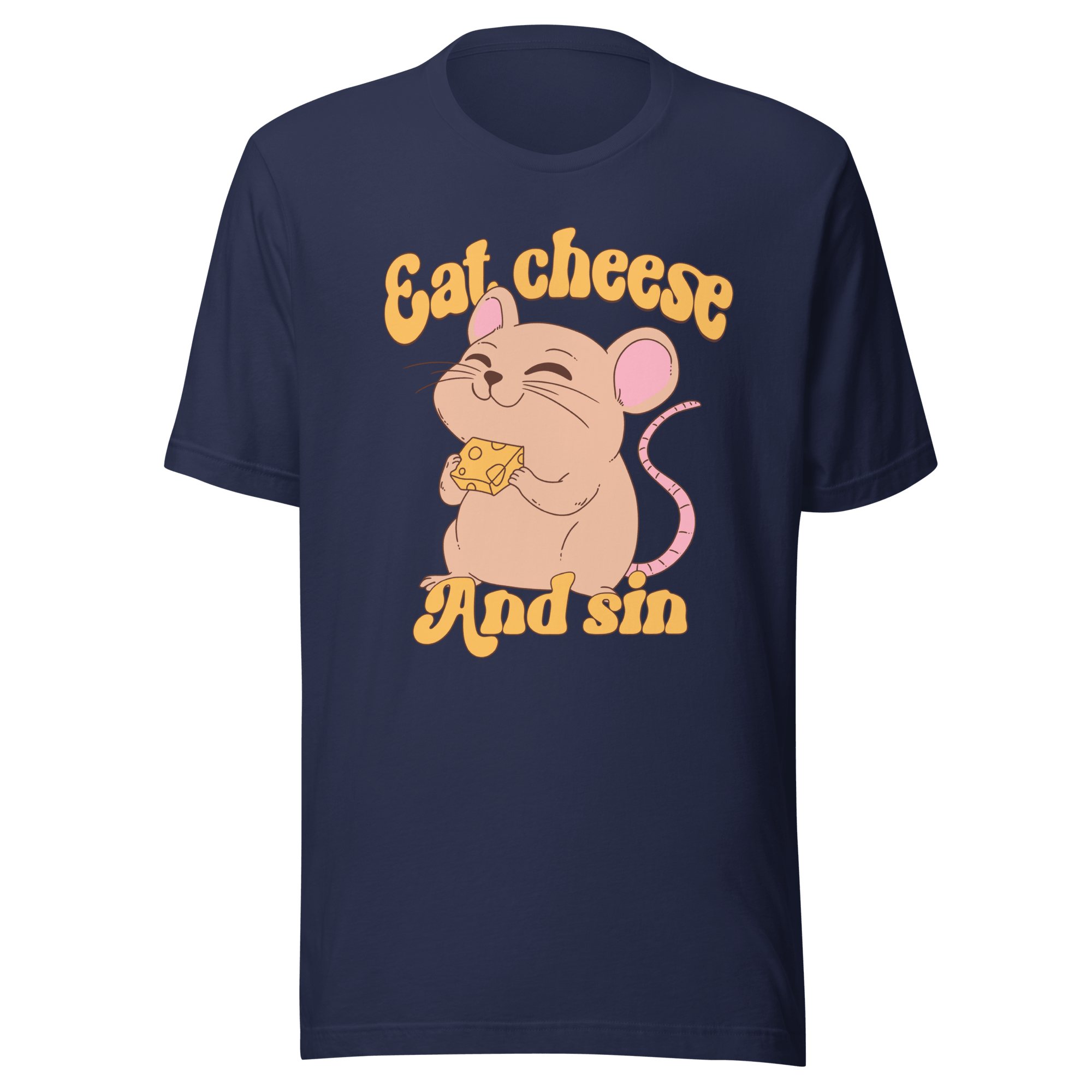 Eat Cheese and Sin Mouse t-shirt featuring a blissed-out mouse with cheese on a navy background.