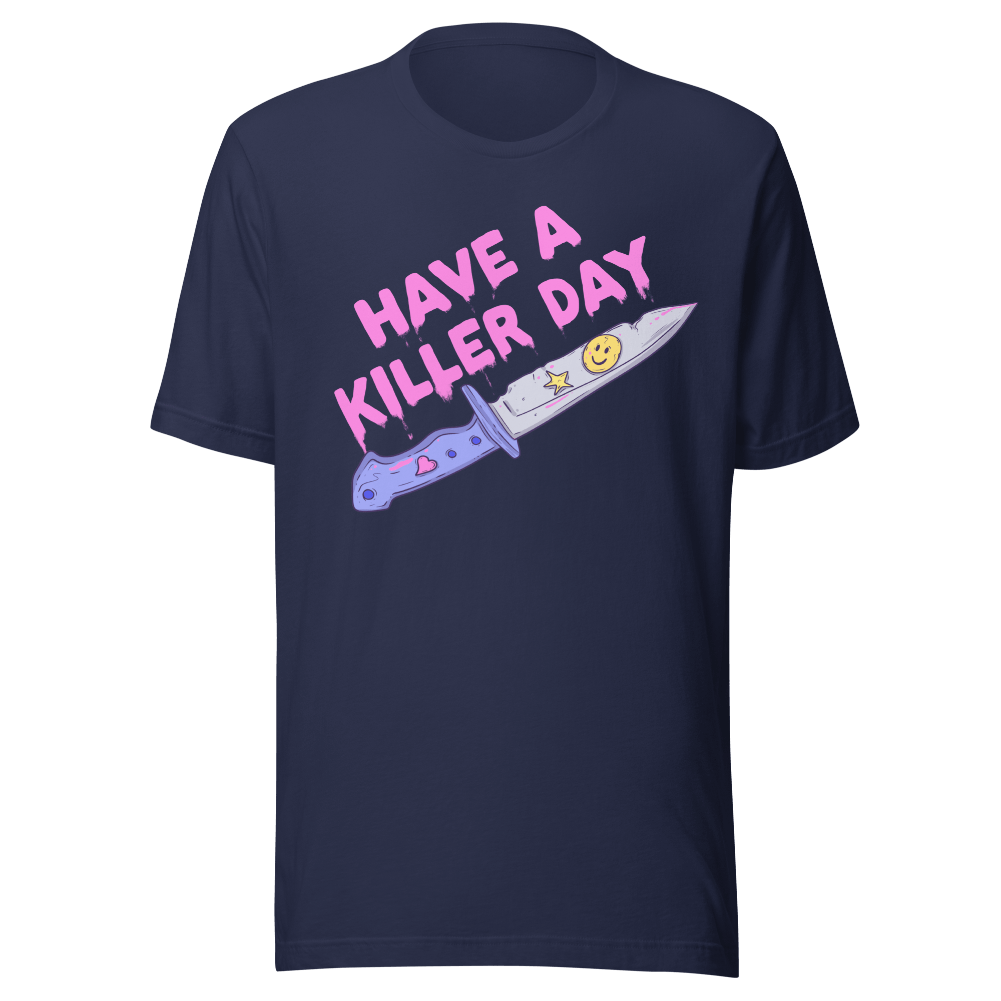 Have a Killer Day horror t-shirt with a pastel blue knife and cheerful lettering.