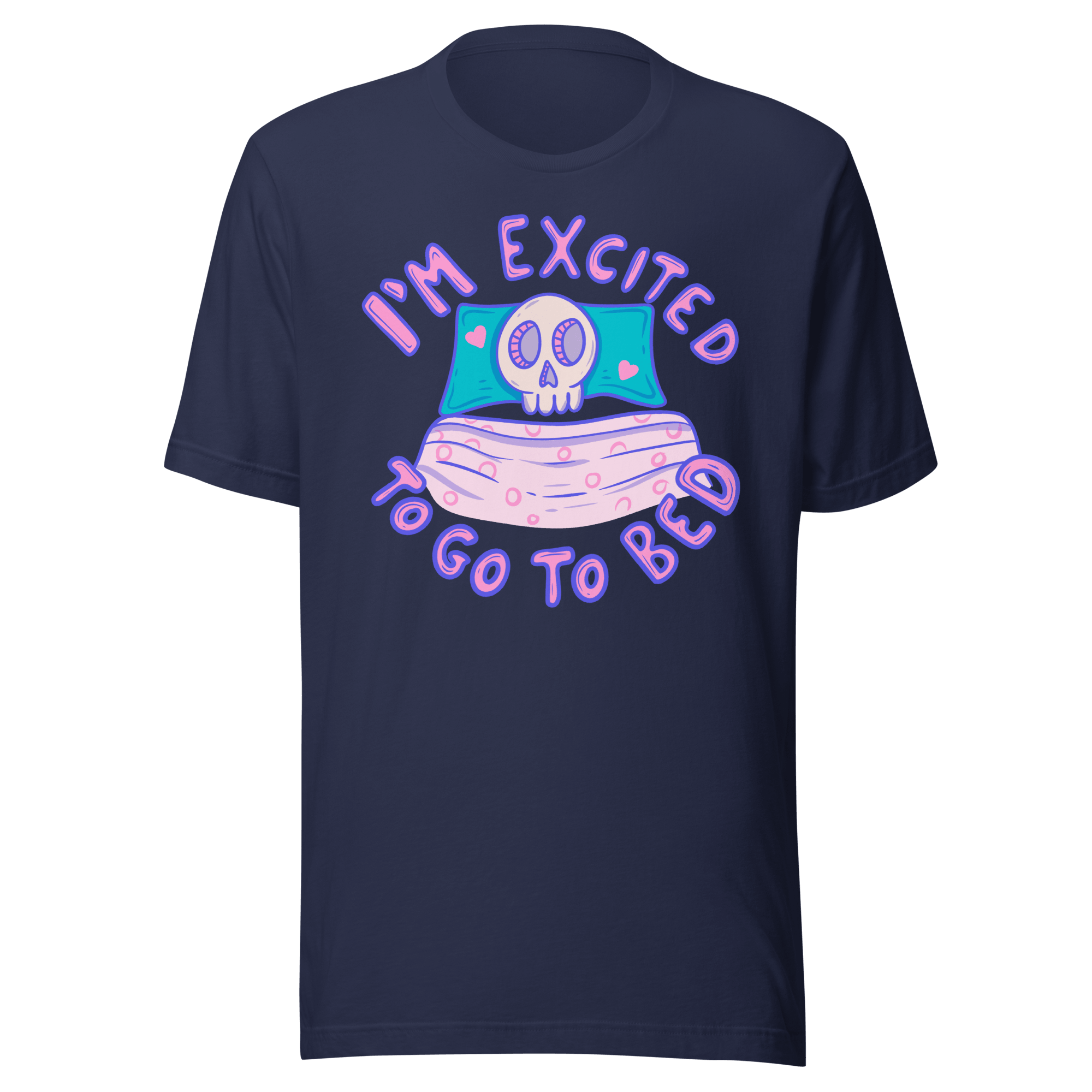 Excited to go to bed t-shirt featuring a cozy skull in bed with hearts, perfect for introverts.