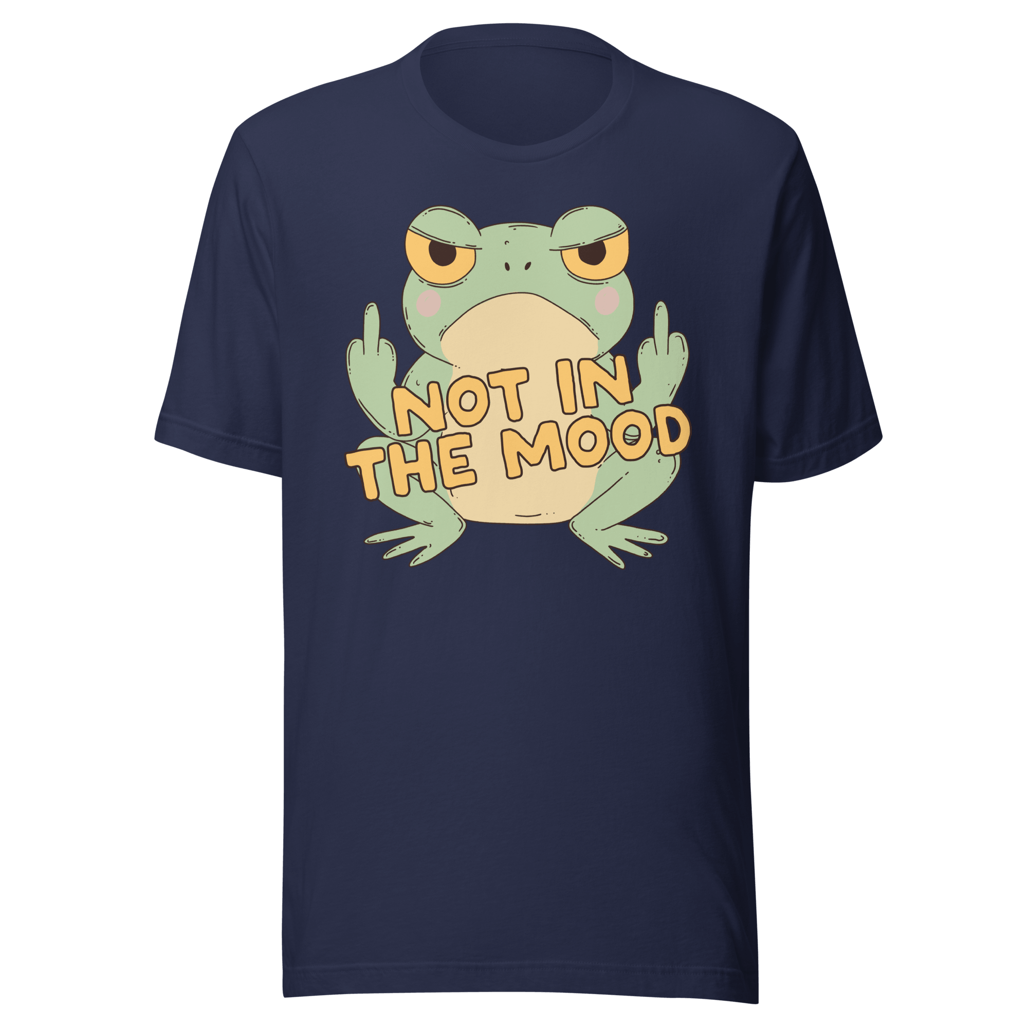 Not in the Mood Grumpy Frog t-shirt featuring an unimpressed frog with double birds.