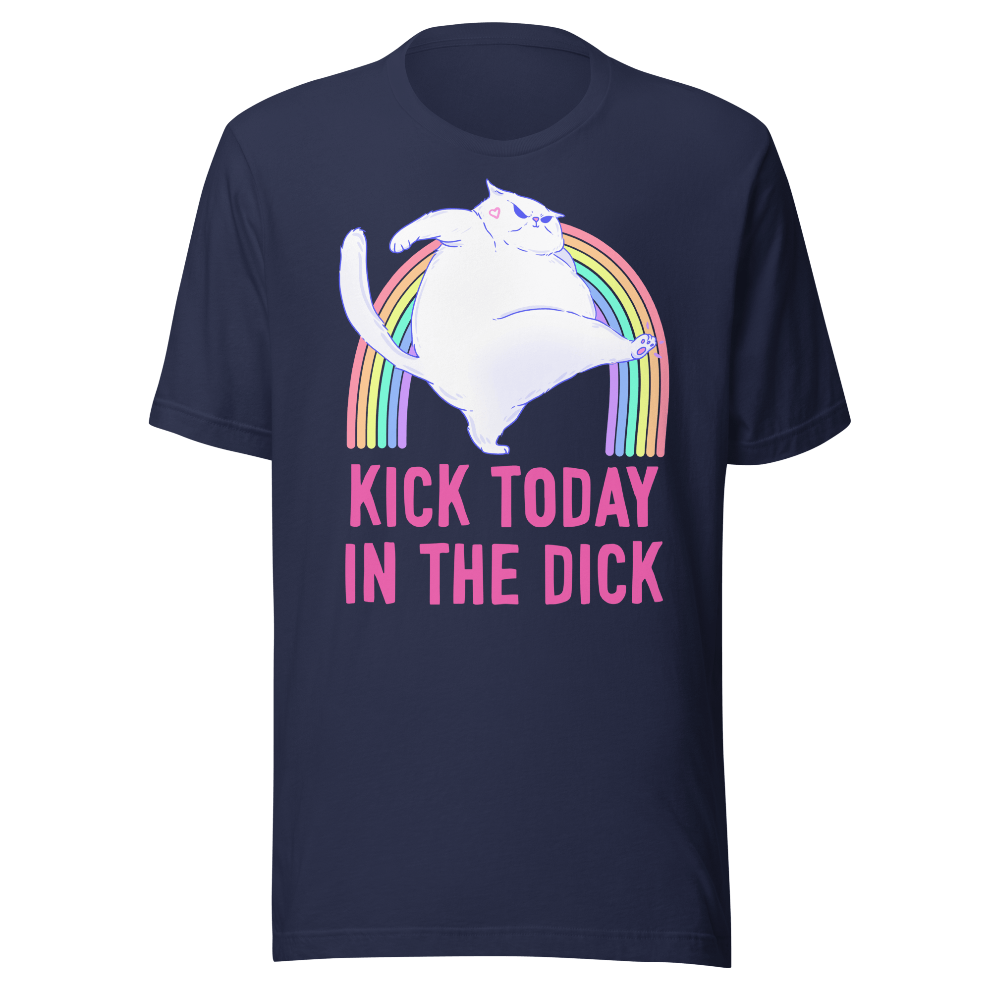 kick today in the dick t-shirt featuring a chonky cat jumping off a rainbow