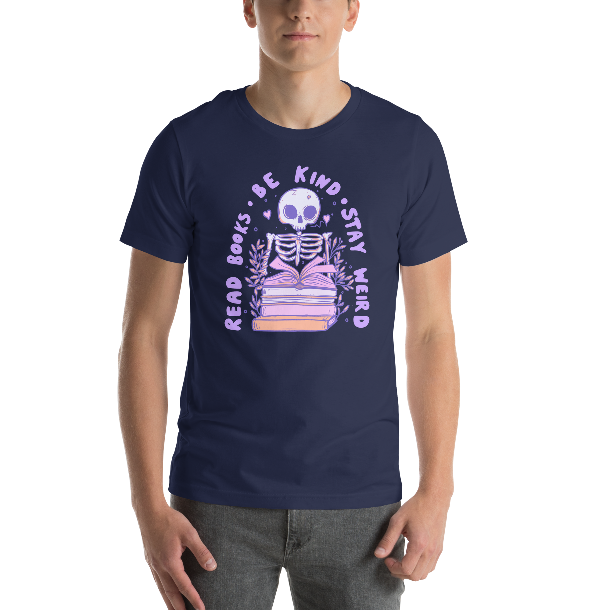 Person wearing a Bookish T-Shirt with a pastel skeleton and bookshelf design.
