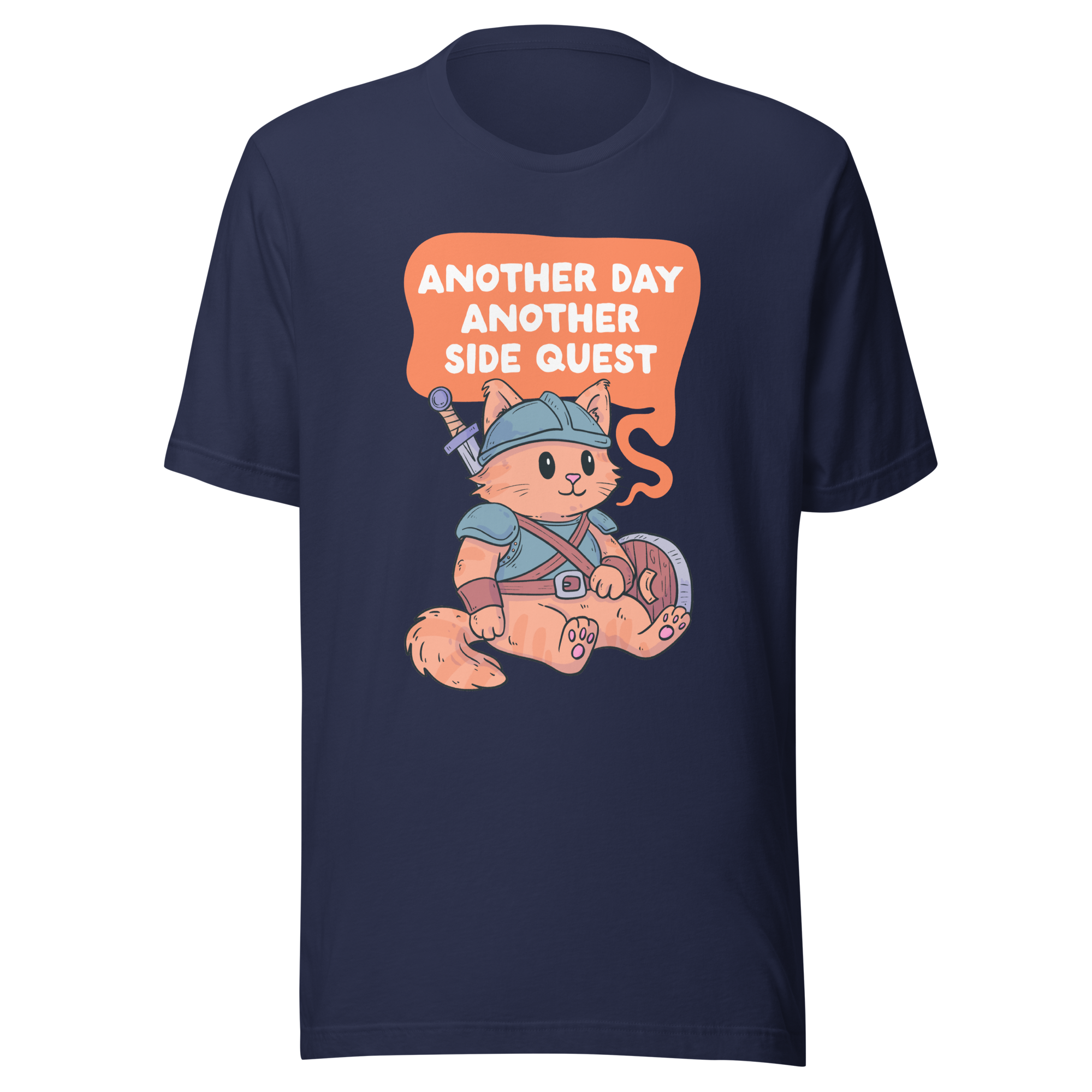 Another Day Another Side Quest t-shirt featuring an armored cat warrior, perfect for gaming t-shirts for gamers.