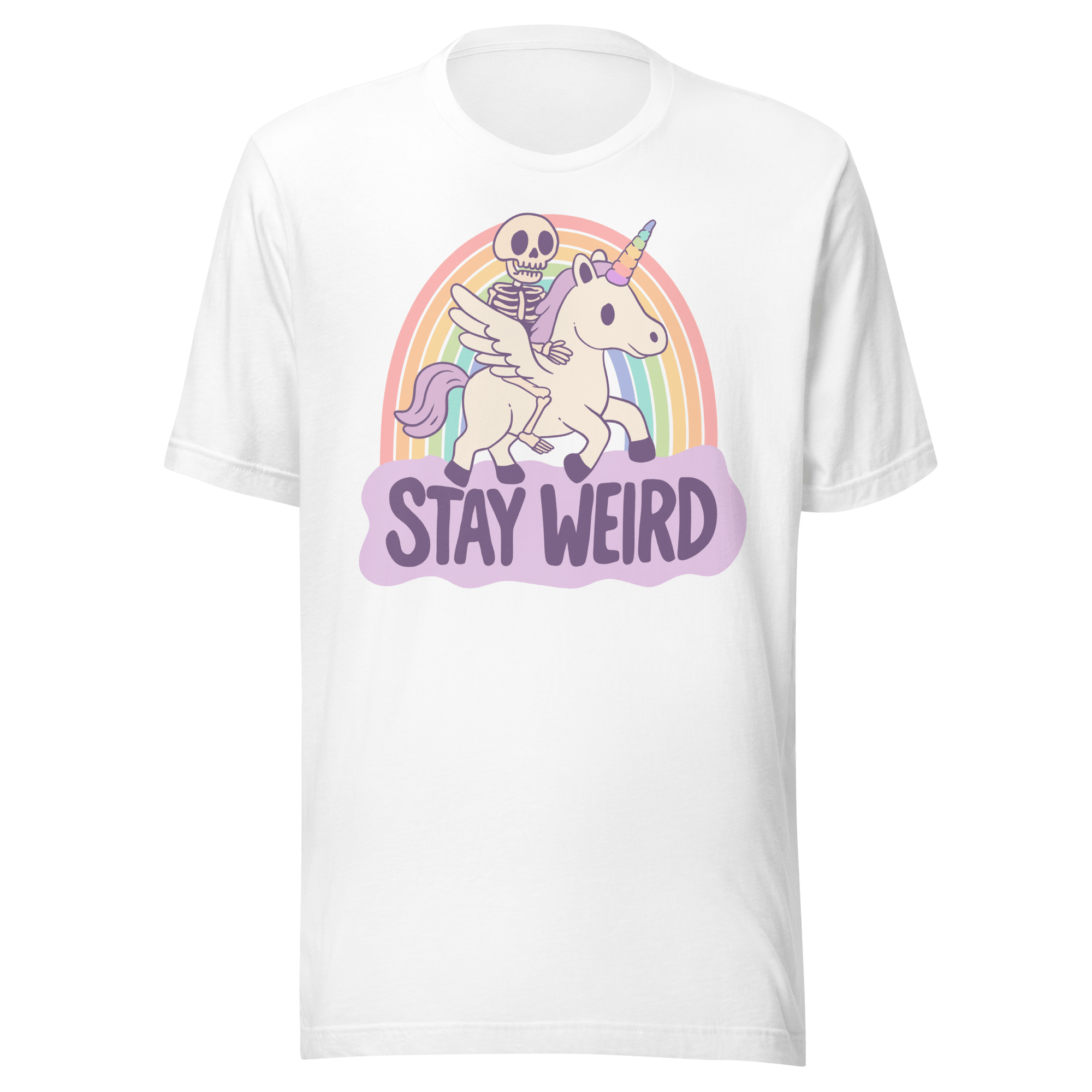 Stay weird unicorn t-shirt with a skeleton riding a unicorn over a rainbow, perfect for quirky fashion lovers.