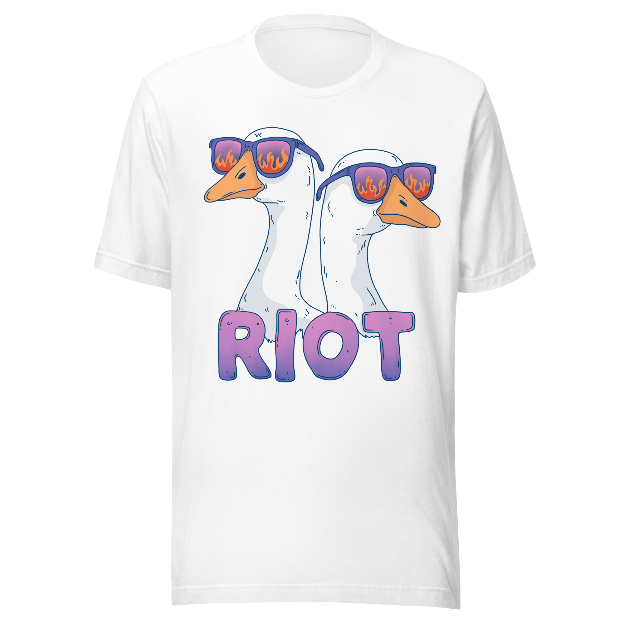 Riot Geese t-shirt featuring two geese in flame sunglasses with riot energy.