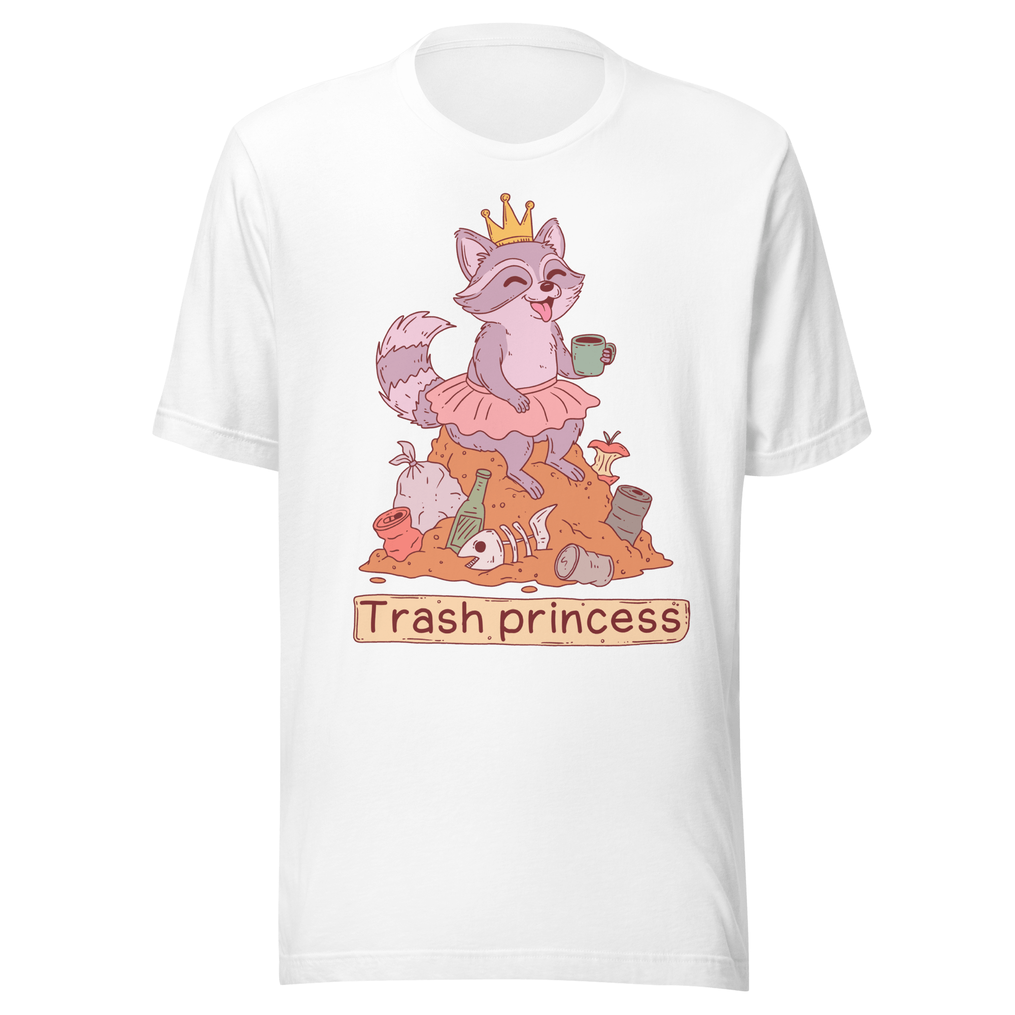Trash Princess Raccoon t-shirt featuring a delighted raccoon in a tutu, crown, and coffee atop a trash pile.