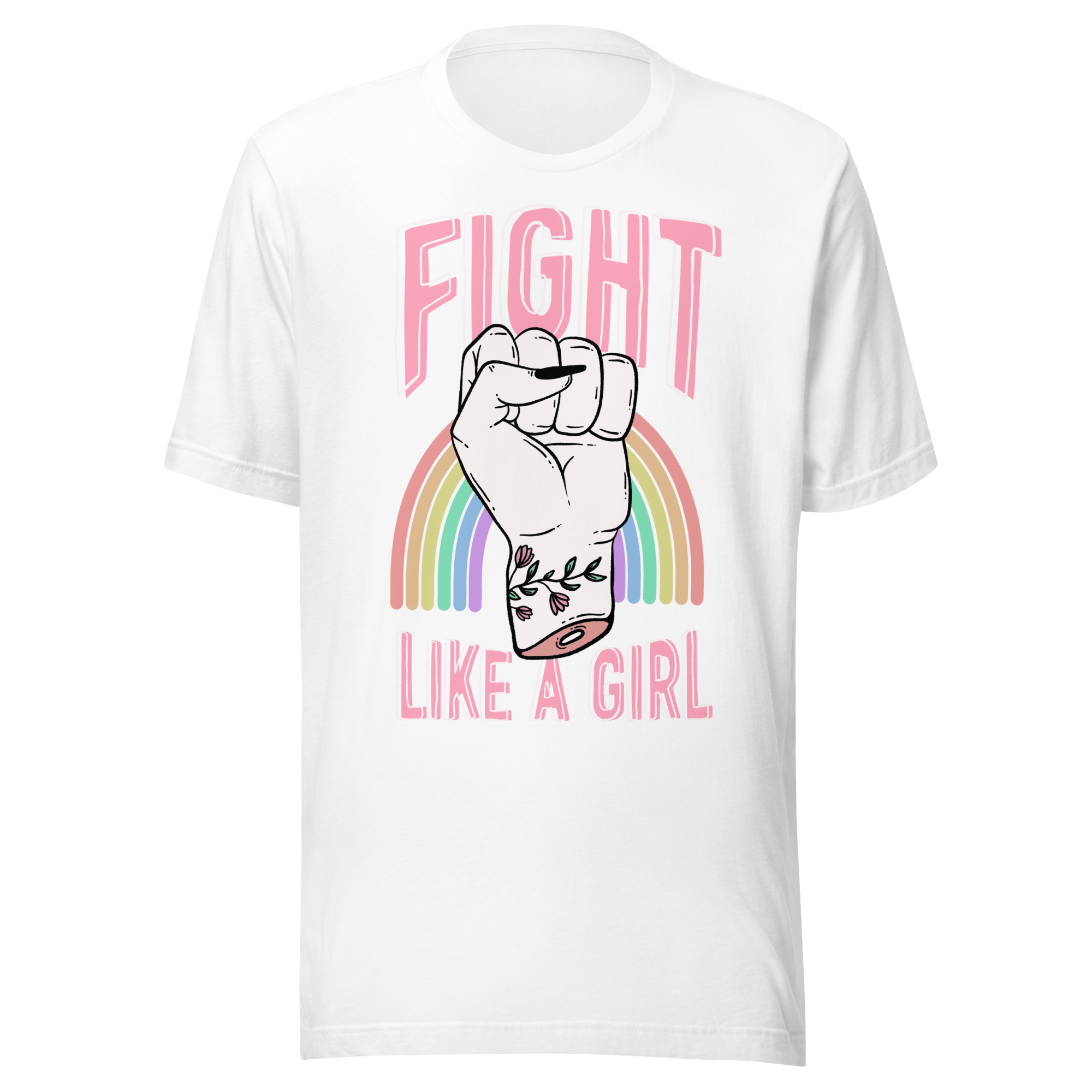 Fight Like a Girl feminist t-shirt featuring a tattooed fist and rainbow design.