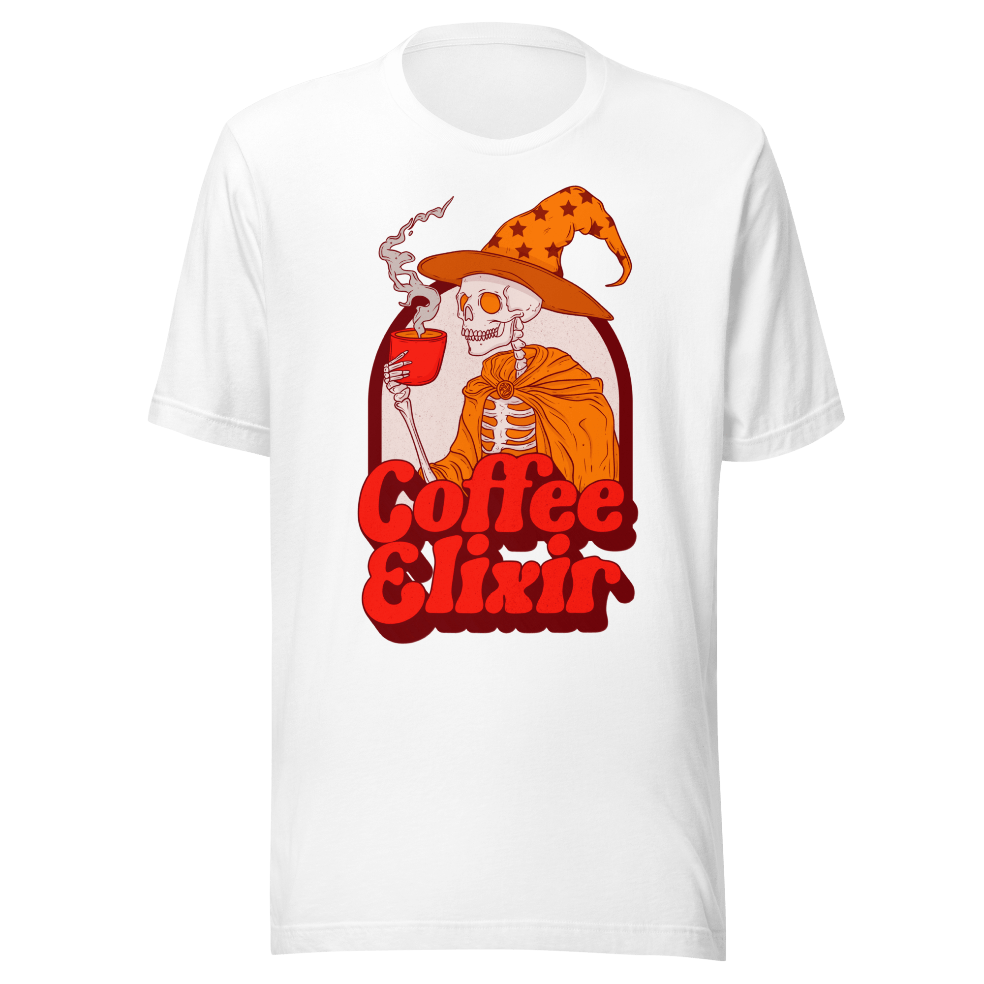 Coffee Elixir Skeleton t-shirt featuring a skeleton witch with a coffee cup and starry hat.