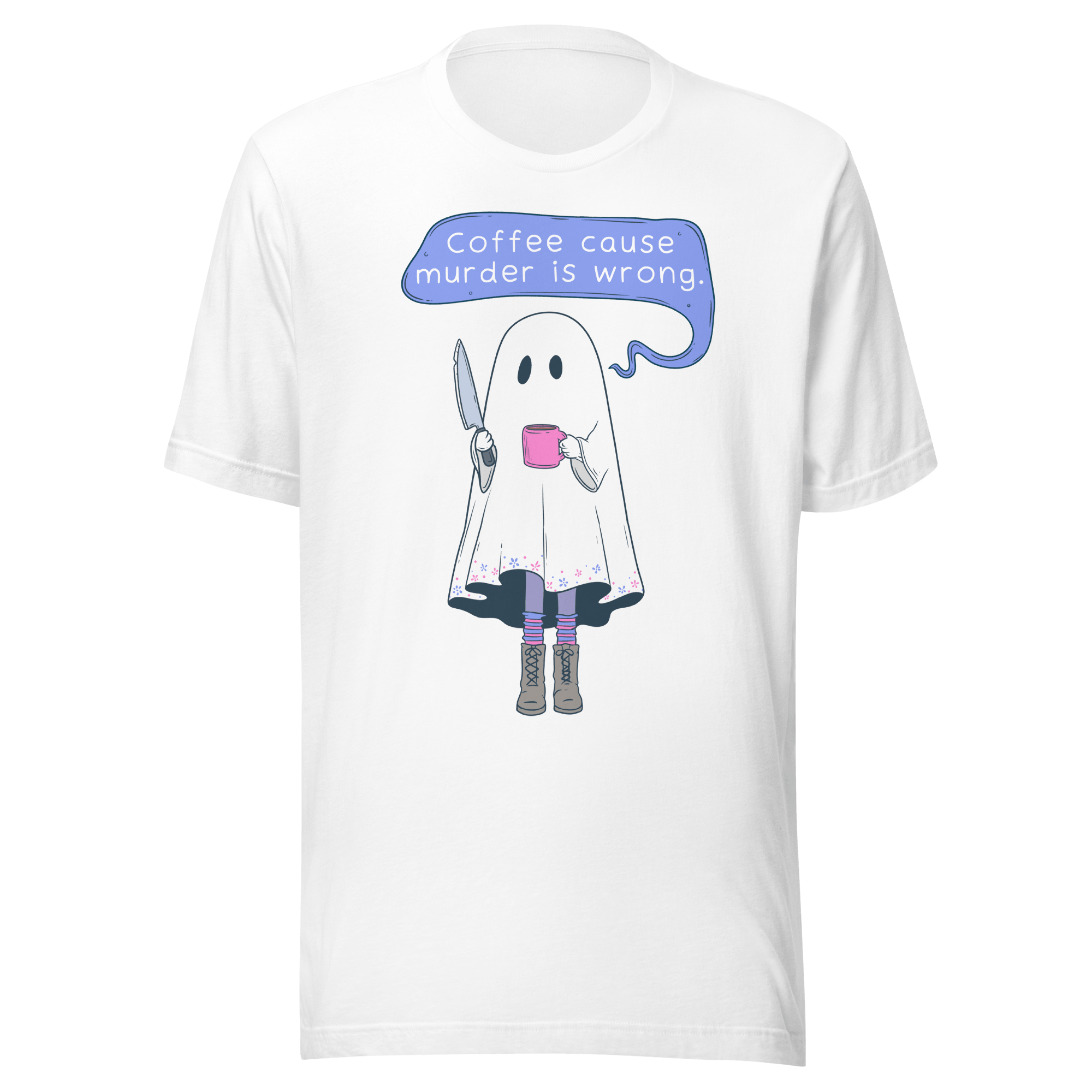 Coffee Cause Murder Is Wrong t-shirt featuring a ghost with a coffee cup and knife.