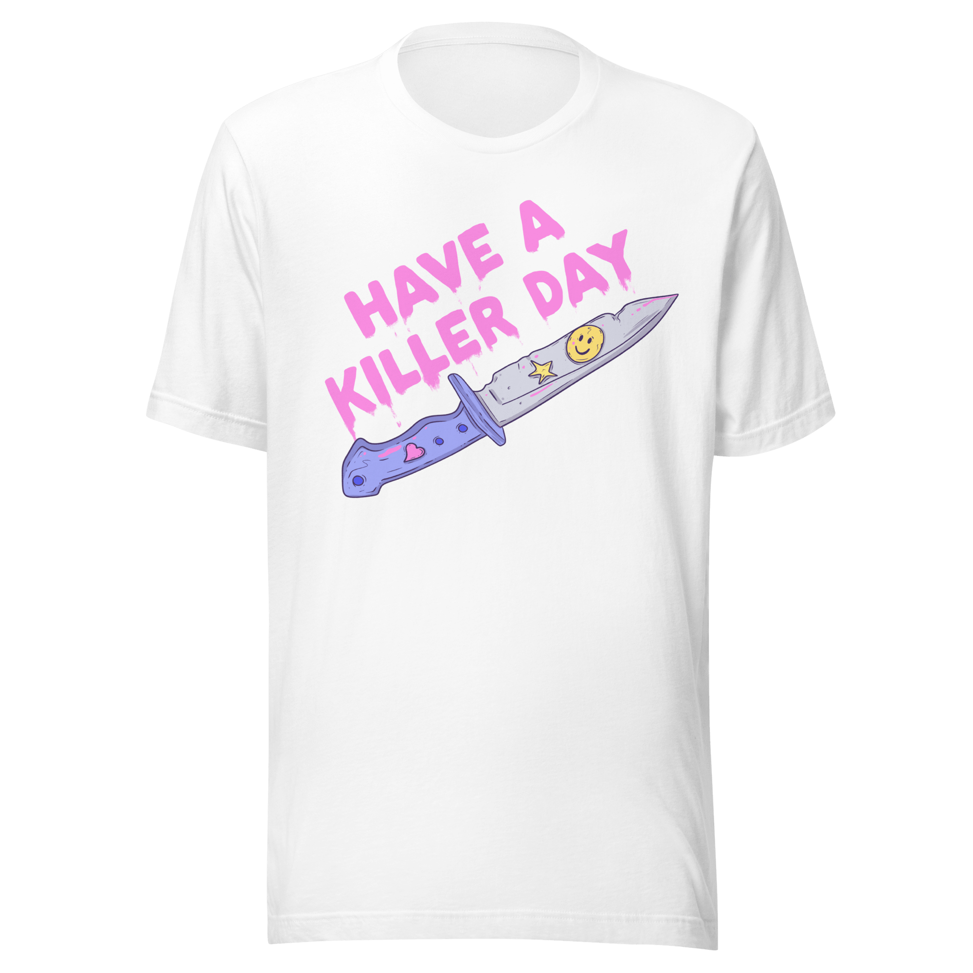 Have a Killer Day horror t-shirt featuring a pastel blue knife with hearts and a smiley face.