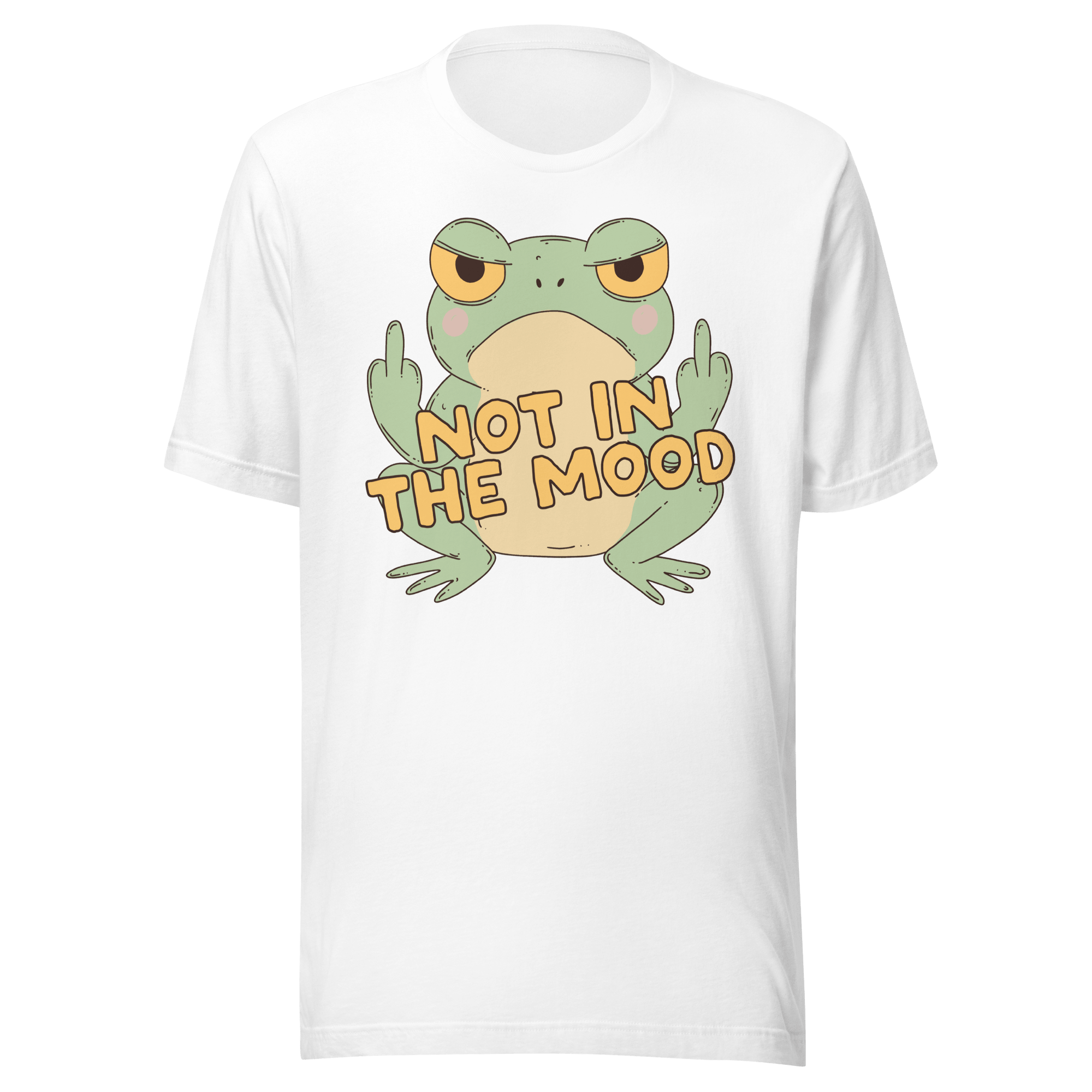 Not in the Mood Grumpy Frog t-shirt featuring a grumpy cartoon frog with an unimpressed expression.
