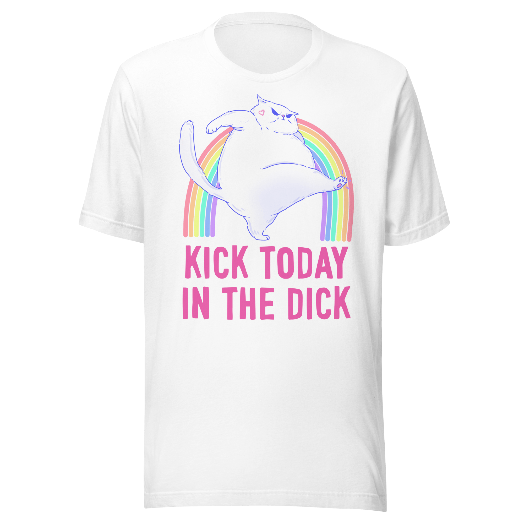 kick today in the dick t-shirt featuring a chonky cat on a rainbow.