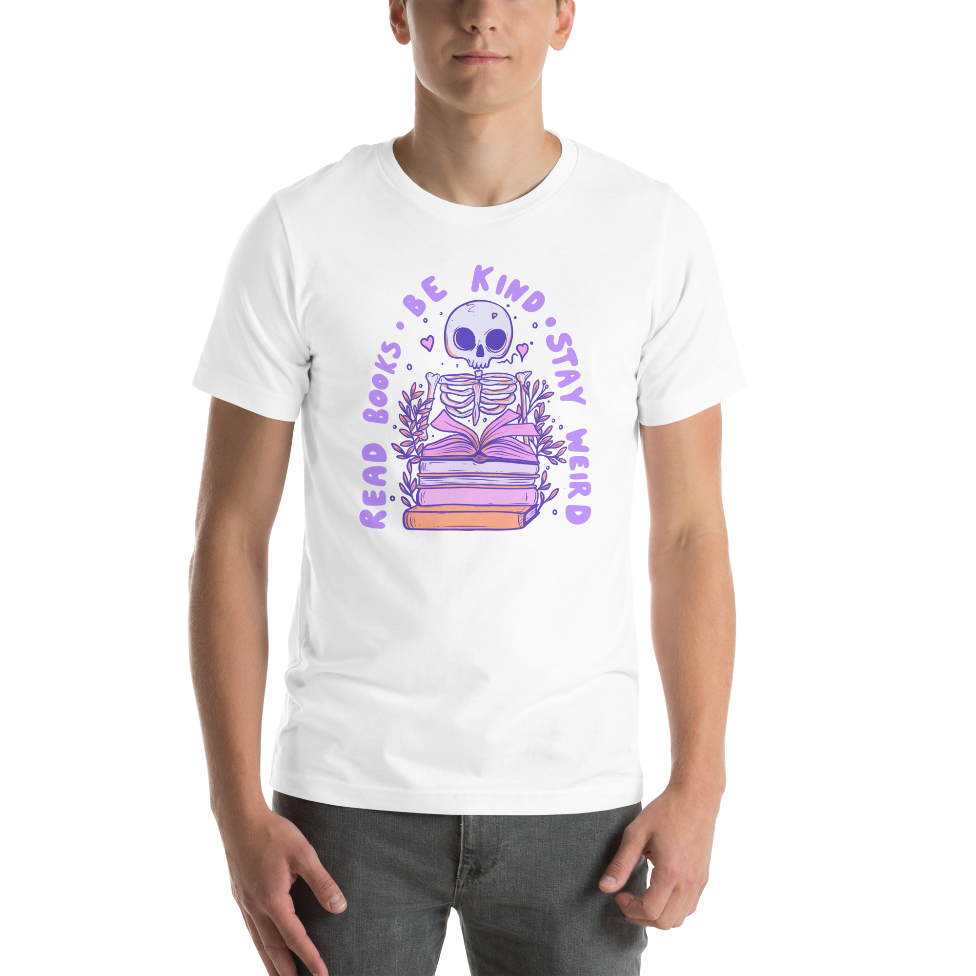 Bookish T-Shirt featuring a pastel skeleton reading books with text 'Read Books Be Kind Stay Weird'.