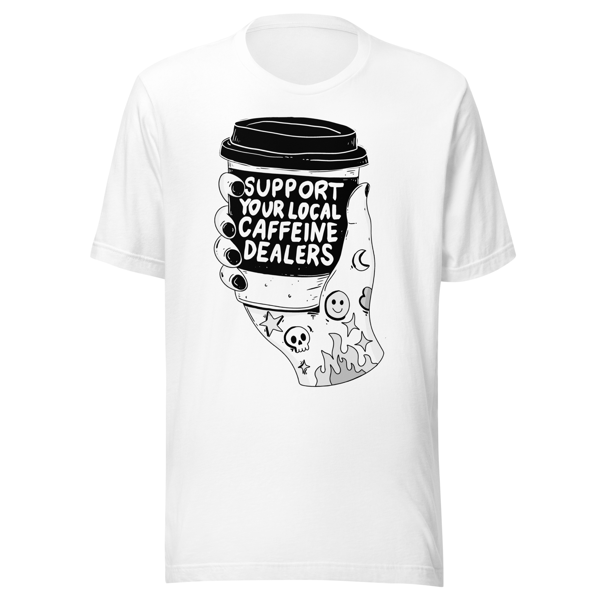 Funny coffee t-shirt featuring a tattooed hand holding a takeaway cup with the text 'Support Your Local Caffeine Dealers'.