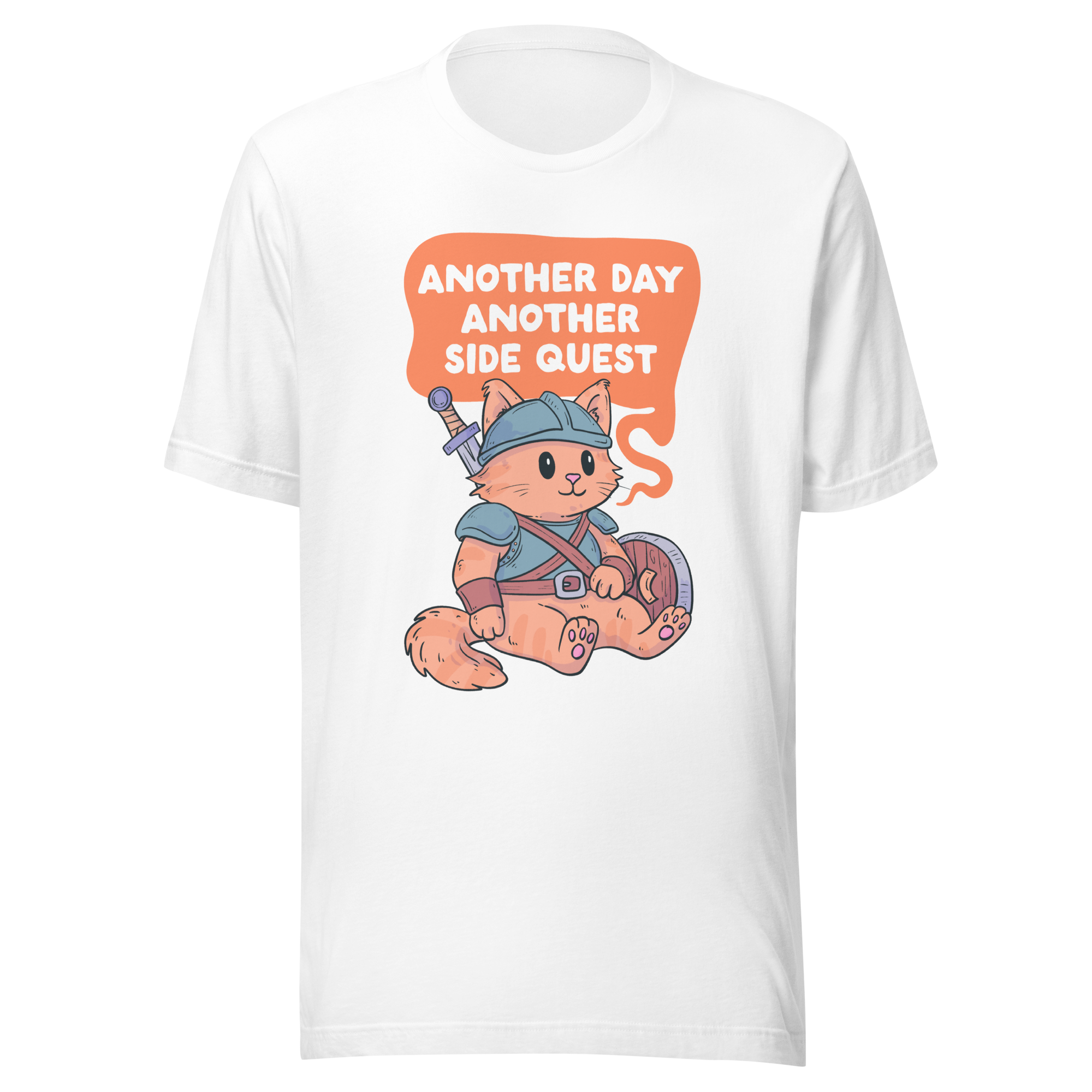 Another Day Another Side Quest t-shirt featuring an armored cat warrior, perfect for gaming t-shirts for gamers.