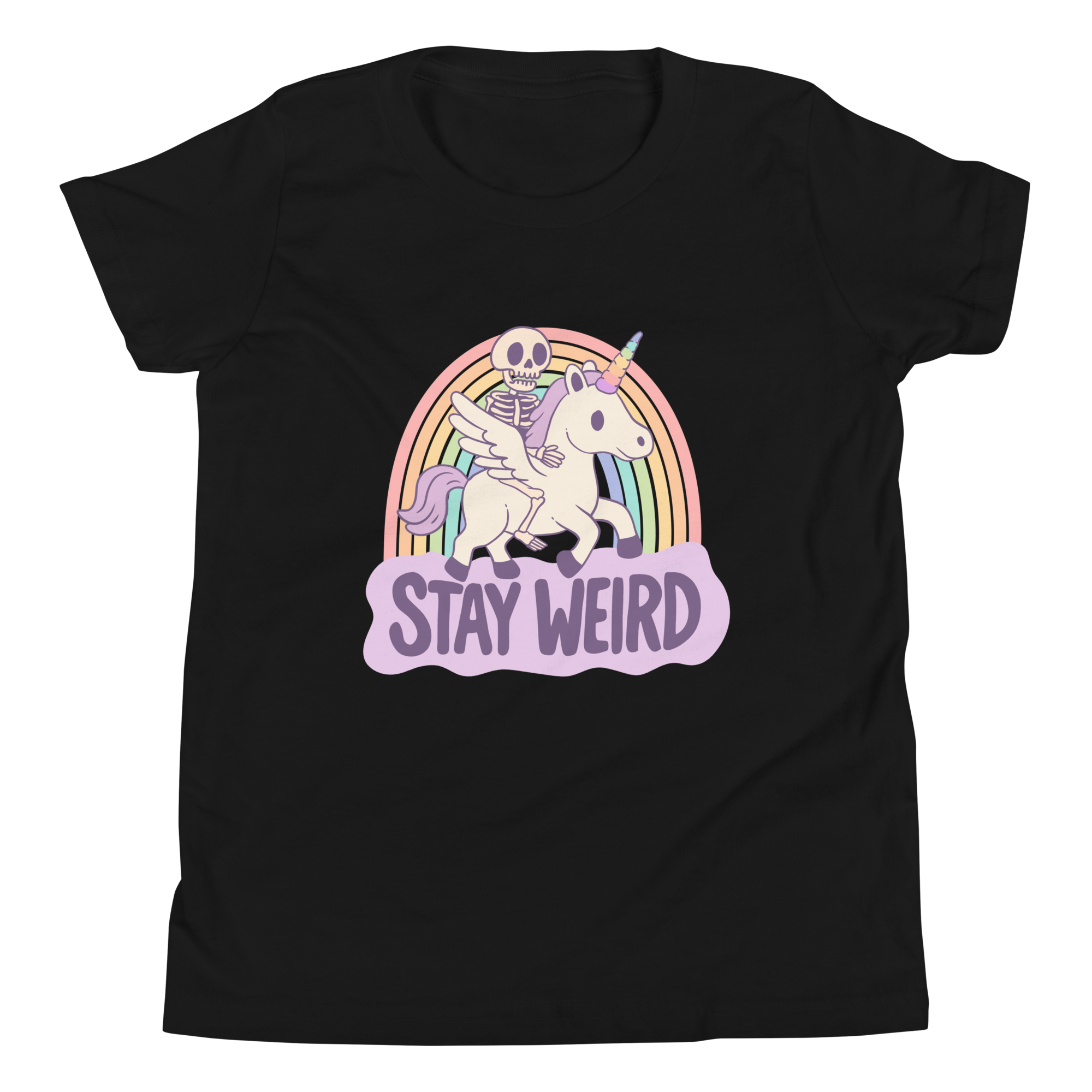 Stay Weird Kids Skeleton Unicorn Youth T-Shirt featuring a cheerful skeleton on a unicorn over a pastel rainbow.