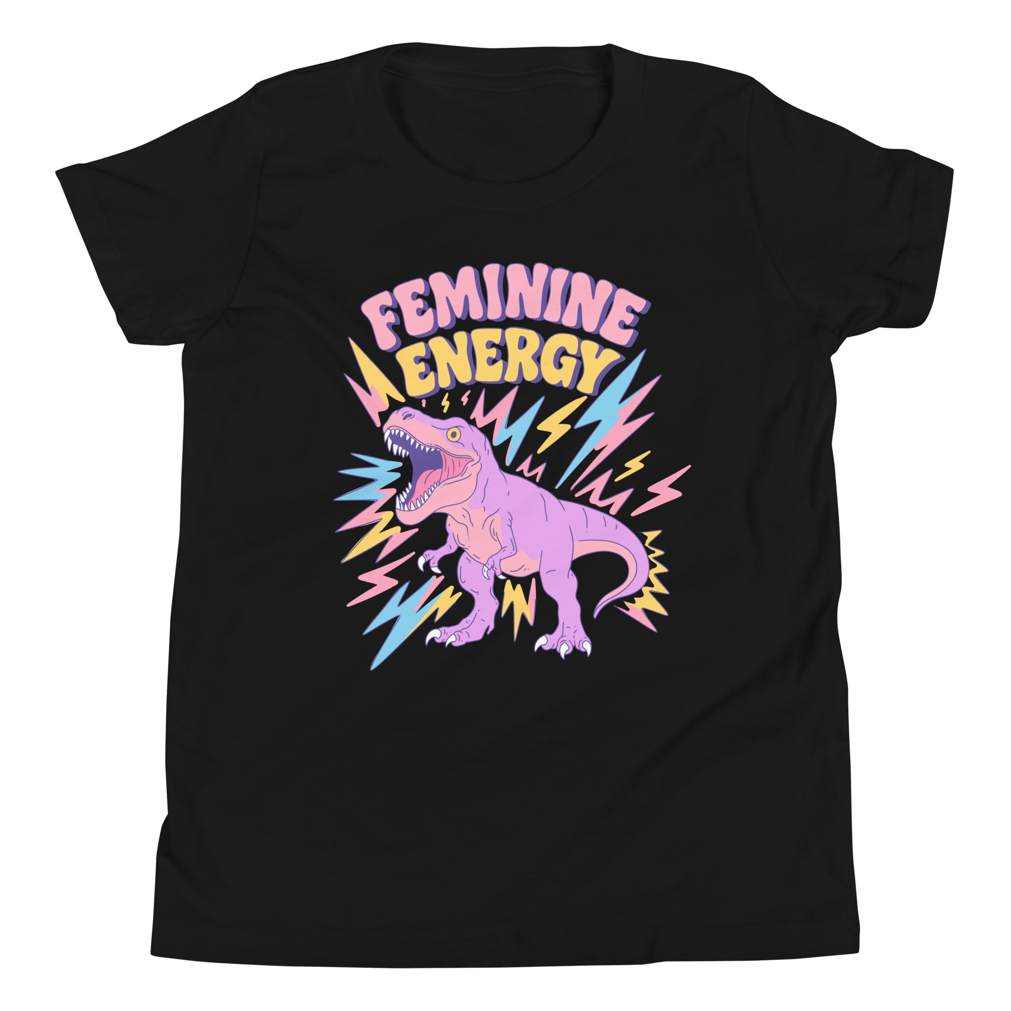 Feminine Energy Youth T-Shirt featuring a pastel T-Rex and lightning bolts, bold and fun design for girls.