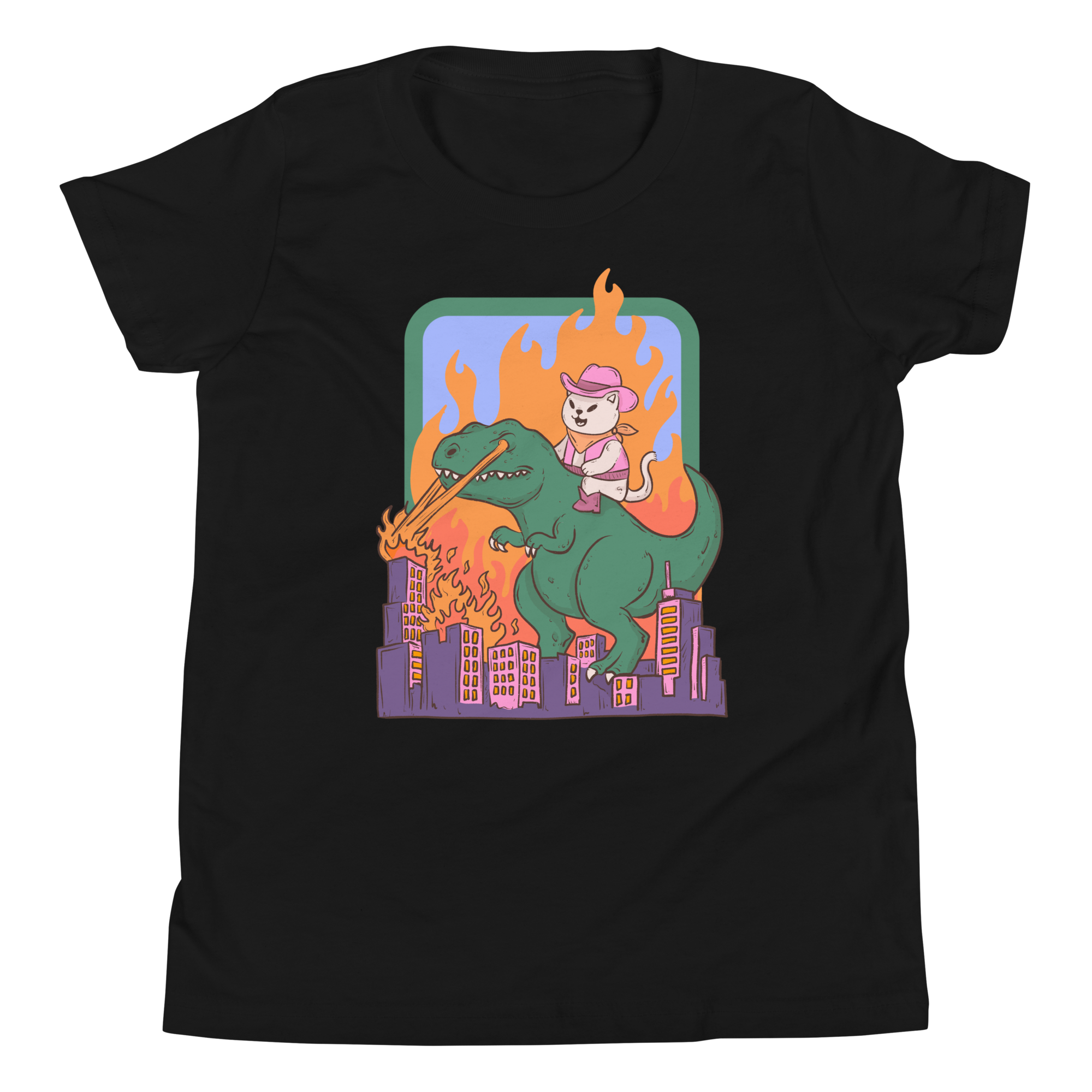 Cat riding dinosaur kids t-shirt featuring a cool cat in a pink cap on a fire-breathing dinosaur.